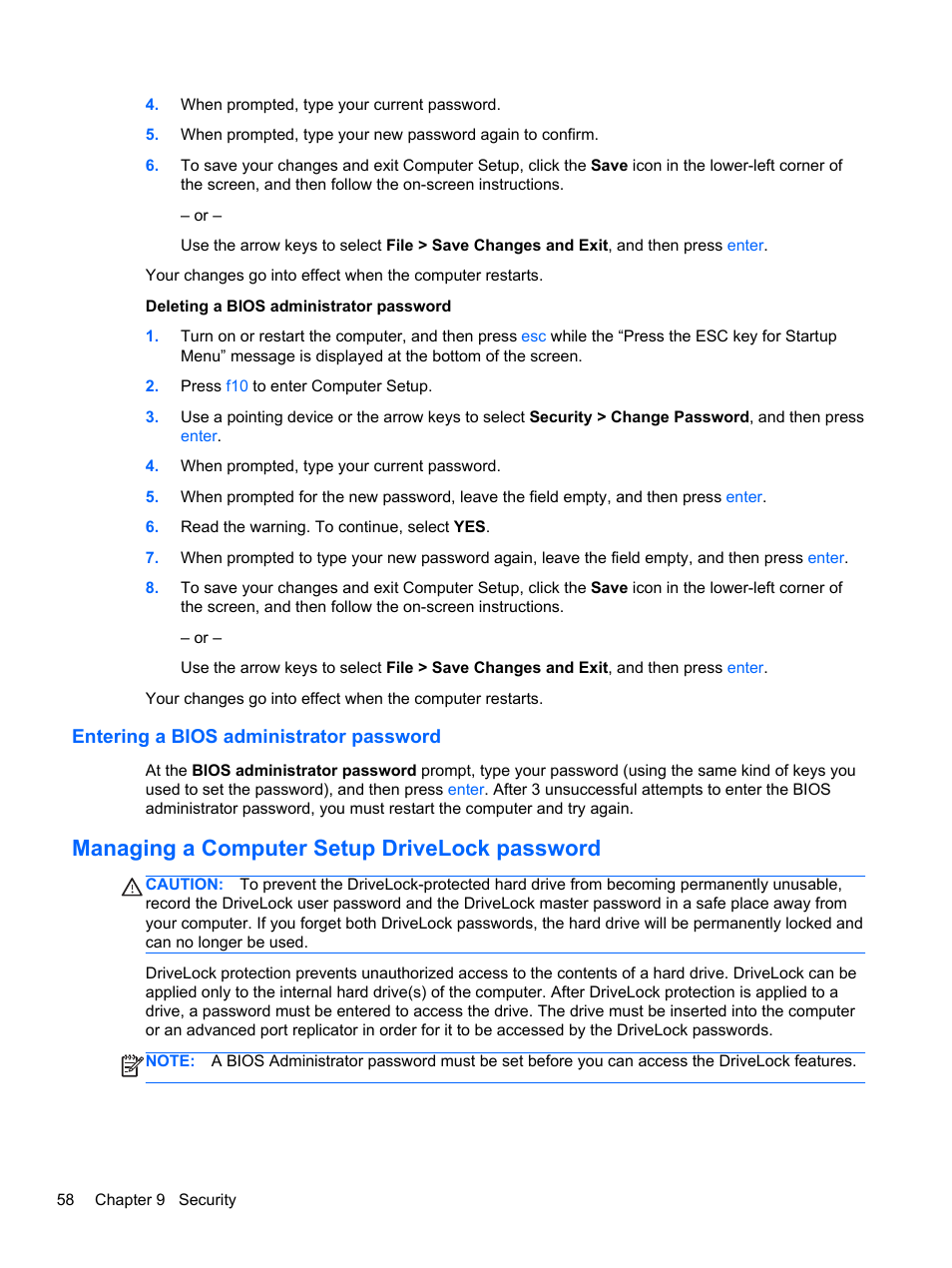 Entering a bios administrator password, Managing a computer setup drivelock password | HP 242 G1 Notebook PC User Manual | Page 68 / 105