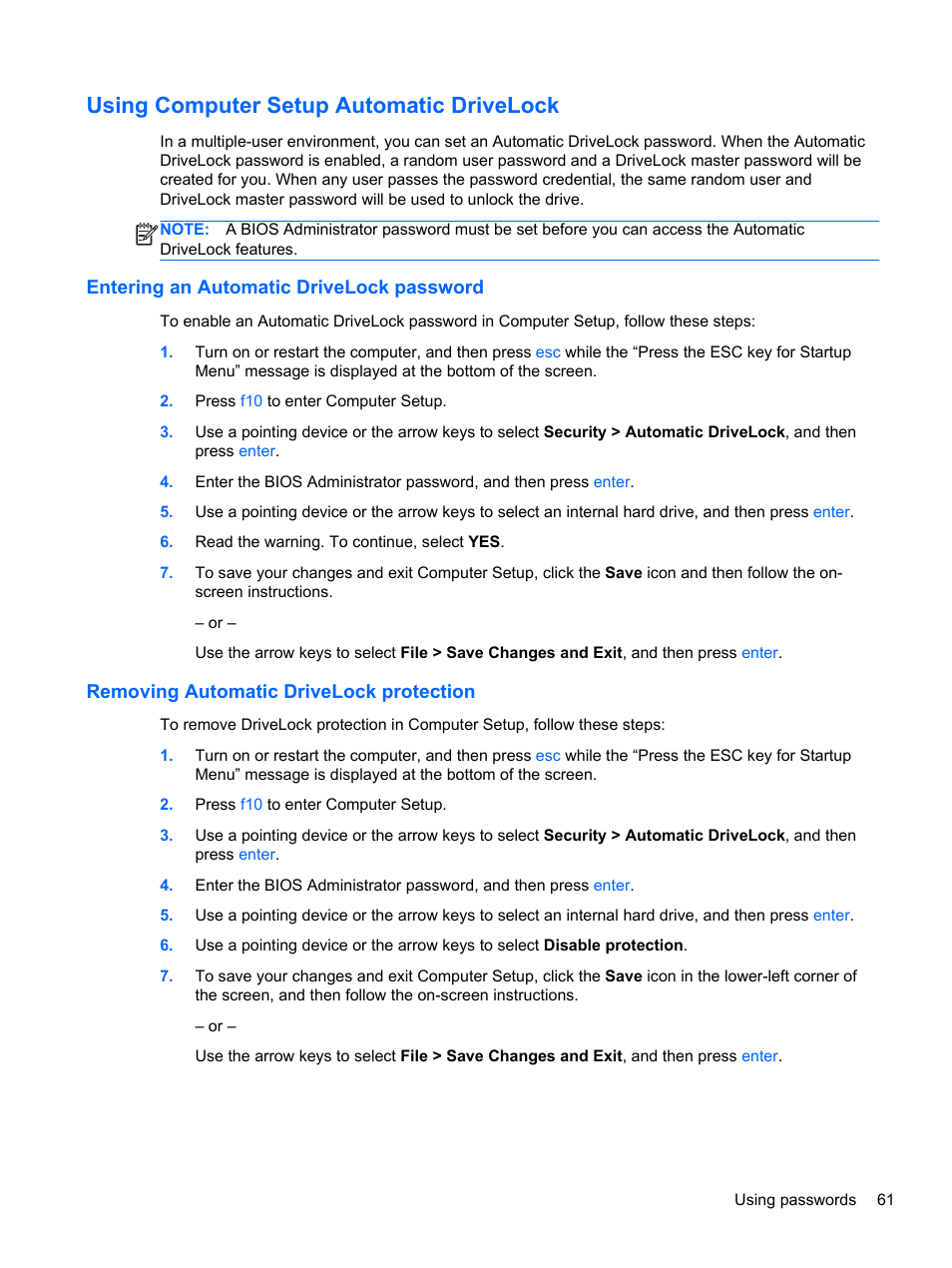 Using computer setup automatic drivelock, Entering an automatic drivelock password, Removing automatic drivelock protection | HP 242 G1 Notebook PC User Manual | Page 71 / 105