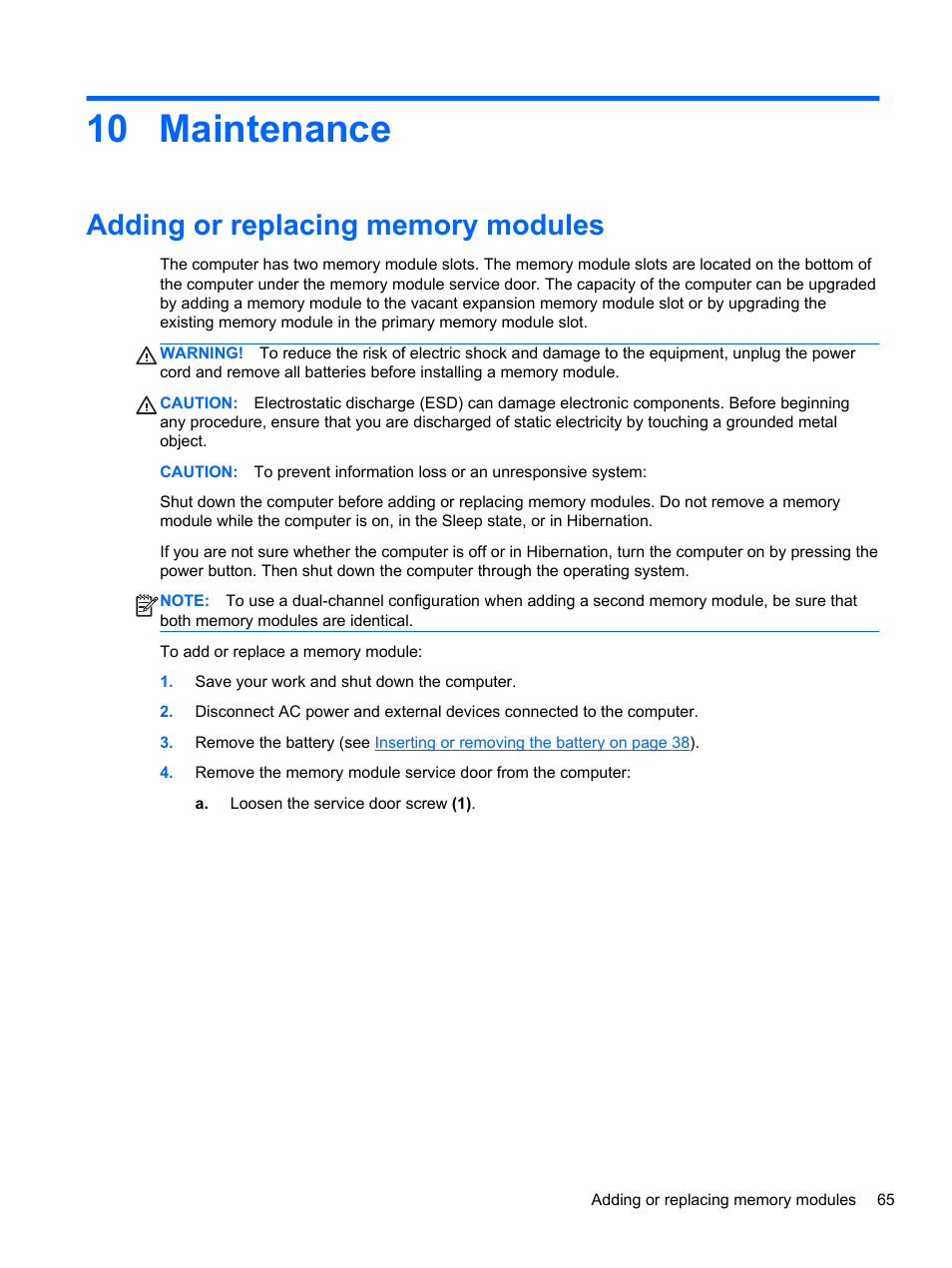 Maintenance, Adding or replacing memory modules, 10 maintenance | HP 242 G1 Notebook PC User Manual | Page 75 / 105