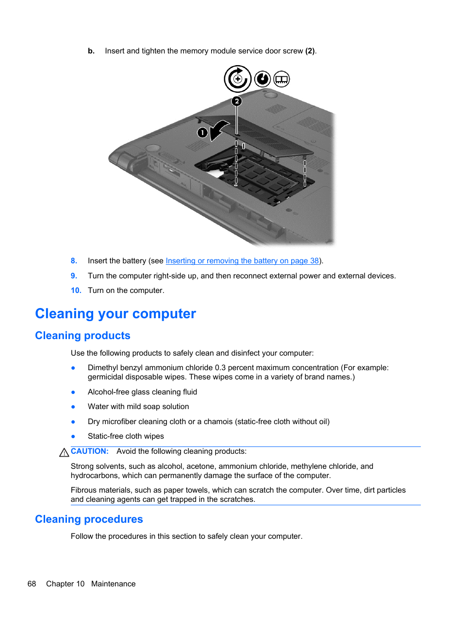 Cleaning your computer, Cleaning products, Cleaning procedures | Cleaning products cleaning procedures | HP 242 G1 Notebook PC User Manual | Page 78 / 105