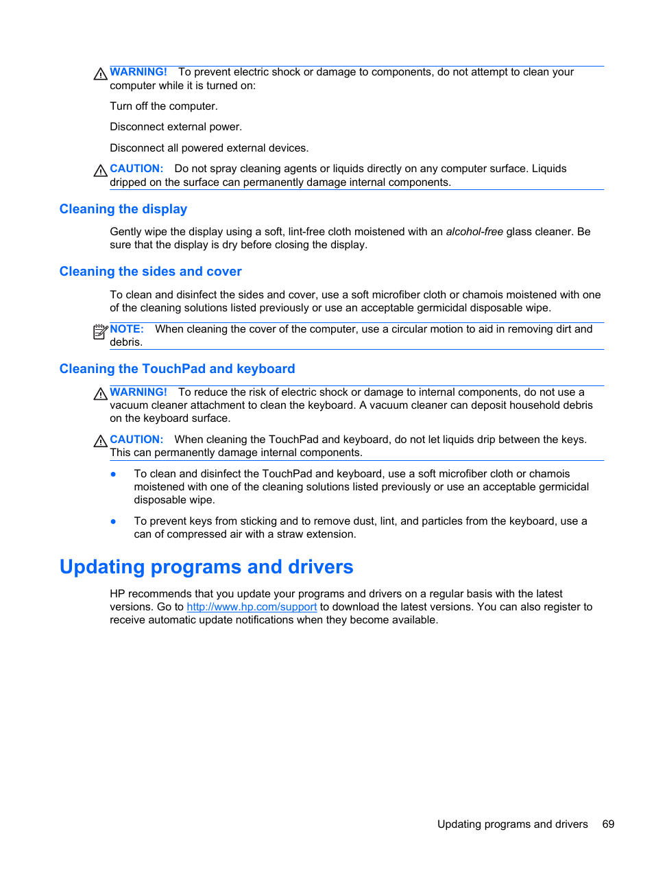 Cleaning the display, Cleaning the sides and cover, Cleaning the touchpad and keyboard | Updating programs and drivers | HP 242 G1 Notebook PC User Manual | Page 79 / 105