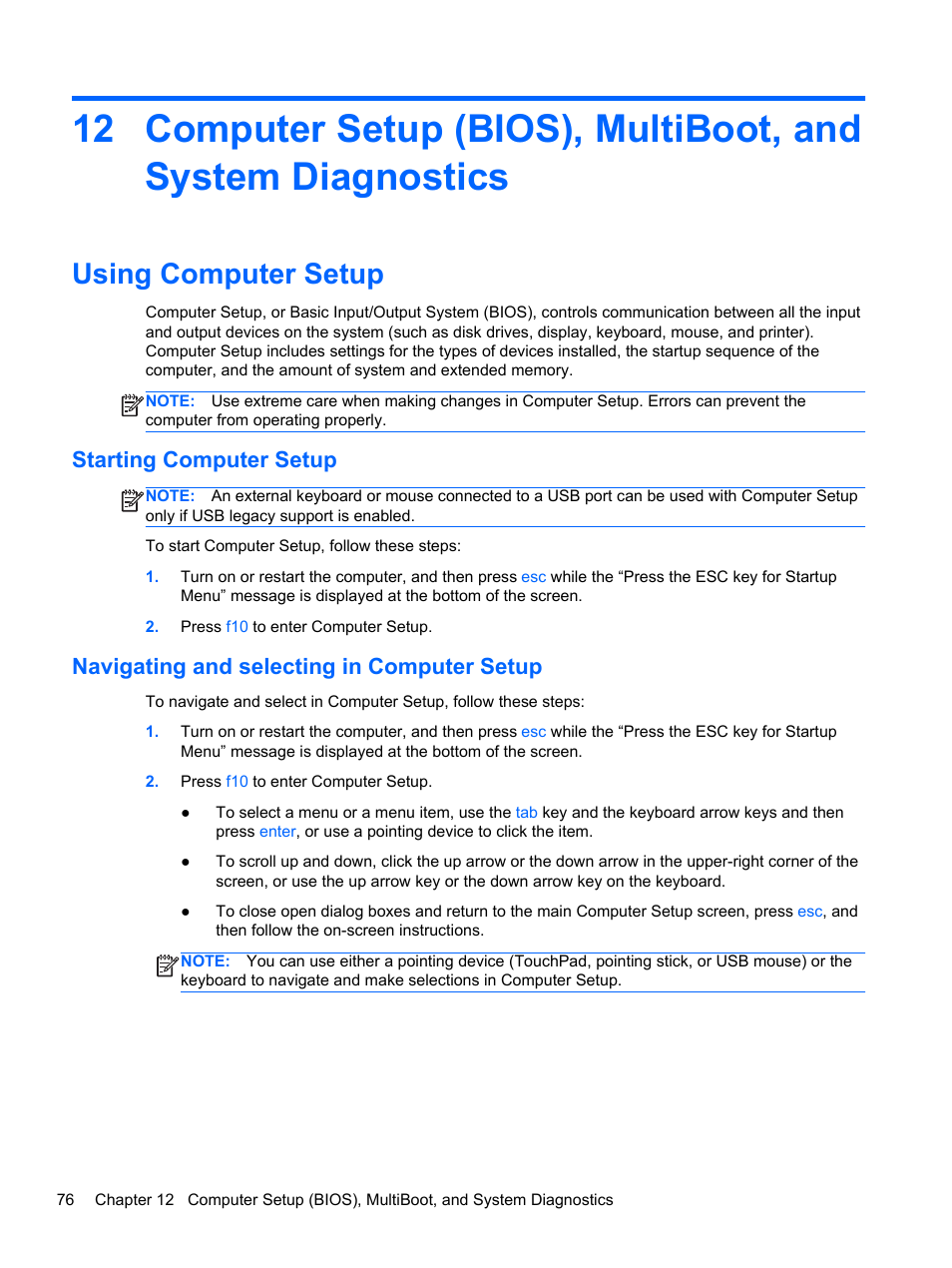 Using computer setup, Starting computer setup, Navigating and selecting in computer setup | HP 242 G1 Notebook PC User Manual | Page 86 / 105