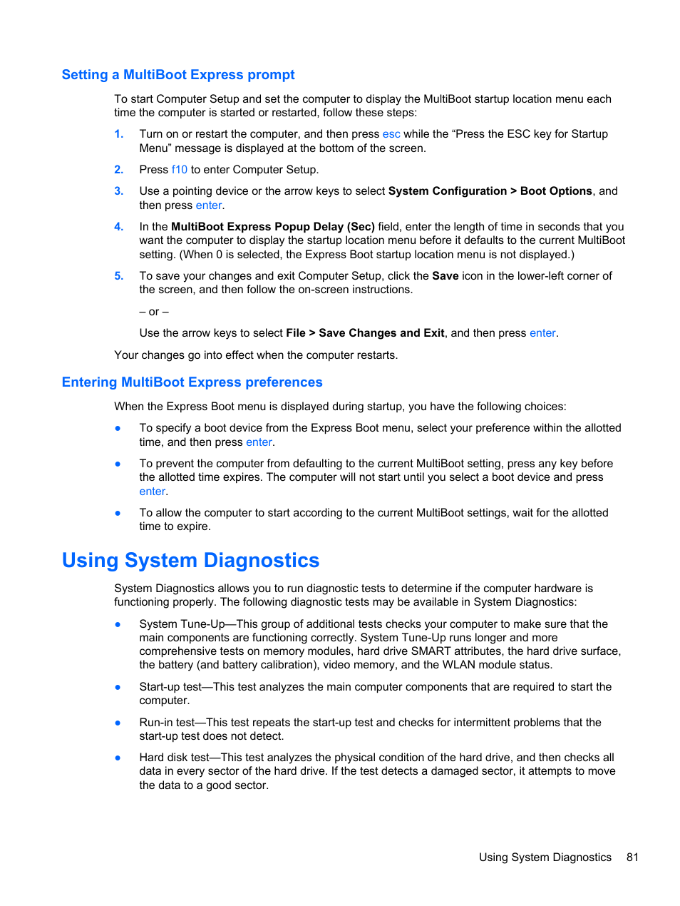 Setting a multiboot express prompt, Entering multiboot express preferences, Using system diagnostics | HP 242 G1 Notebook PC User Manual | Page 91 / 105