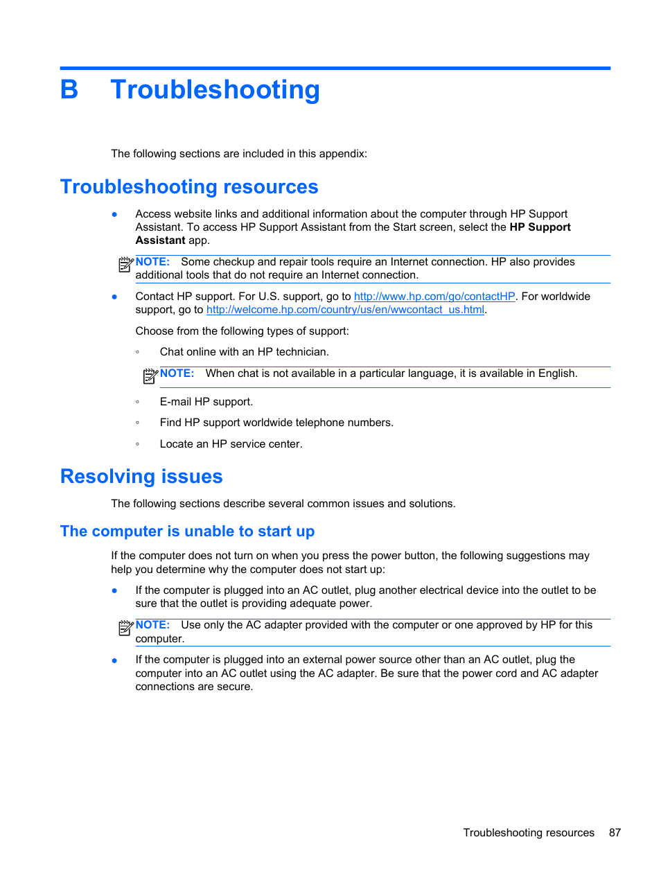 Troubleshooting, Troubleshooting resources, Resolving issues | The computer is unable to start up, Appendix b troubleshooting, Troubleshooting resources resolving issues, Btroubleshooting | HP 242 G1 Notebook PC User Manual | Page 97 / 105