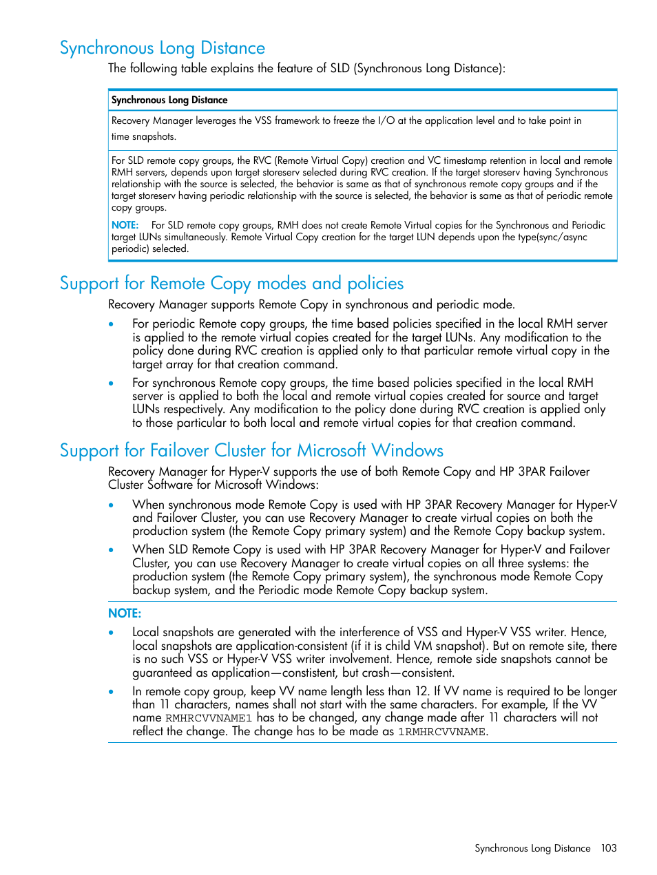 Synchronous long distance, Support for remote copy modes and policies, Support for failover cluster for microsoft windows | HP 3PAR Application Software Suite for Microsoft Hyper-V User Manual | Page 103 / 106