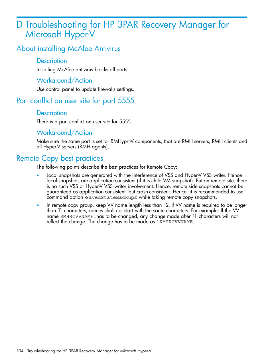 About installing mcafee antivirus, Port conflict on user site for port 5555, Remote copy best practices | HP 3PAR Application Software Suite for Microsoft Hyper-V User Manual | Page 104 / 106