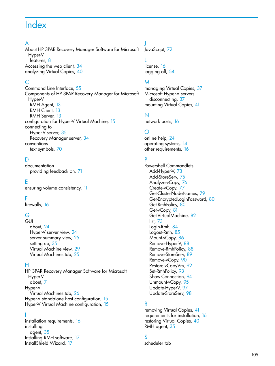 Index | HP 3PAR Application Software Suite for Microsoft Hyper-V User Manual | Page 105 / 106