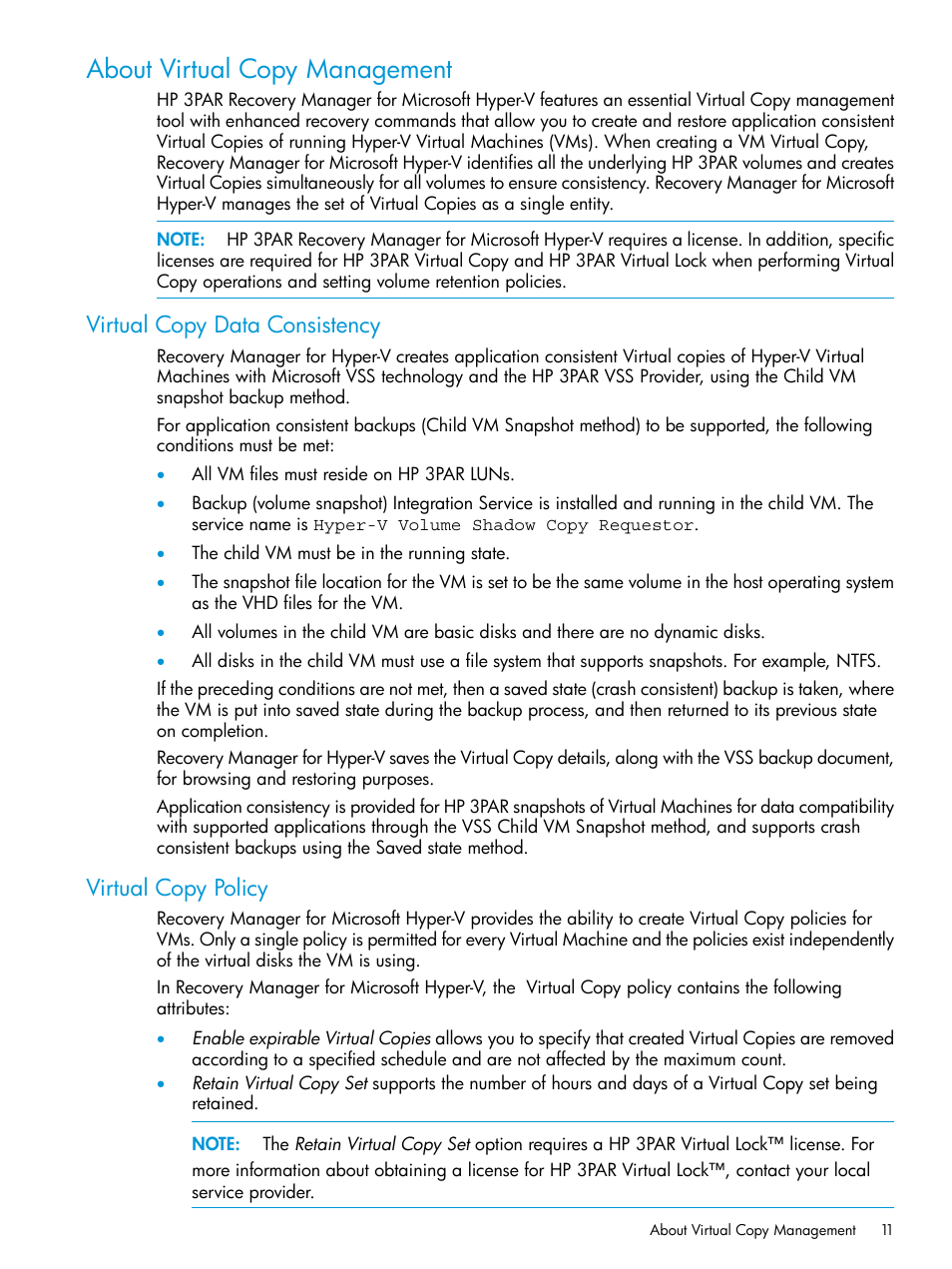 About virtual copy management, Virtual copy data consistency, Virtual copy policy | Virtual copy data consistency virtual copy policy | HP 3PAR Application Software Suite for Microsoft Hyper-V User Manual | Page 11 / 106