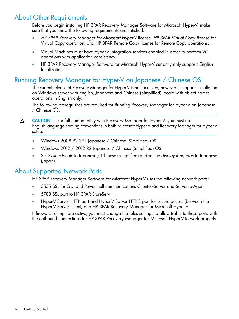 About other requirements, About supported network ports | HP 3PAR Application Software Suite for Microsoft Hyper-V User Manual | Page 16 / 106