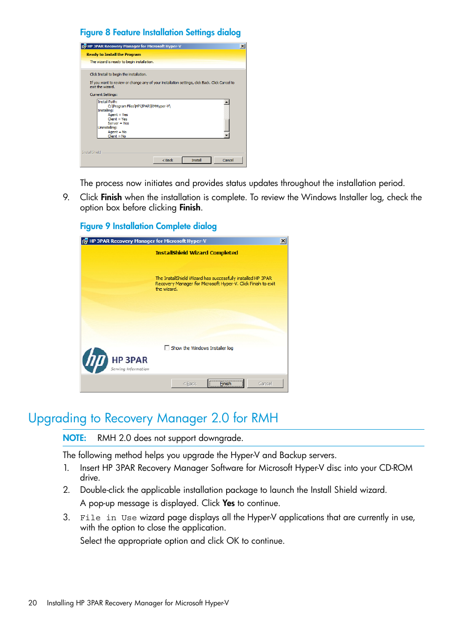 Upgrading to recovery manager 2.0 for rmh | HP 3PAR Application Software Suite for Microsoft Hyper-V User Manual | Page 20 / 106