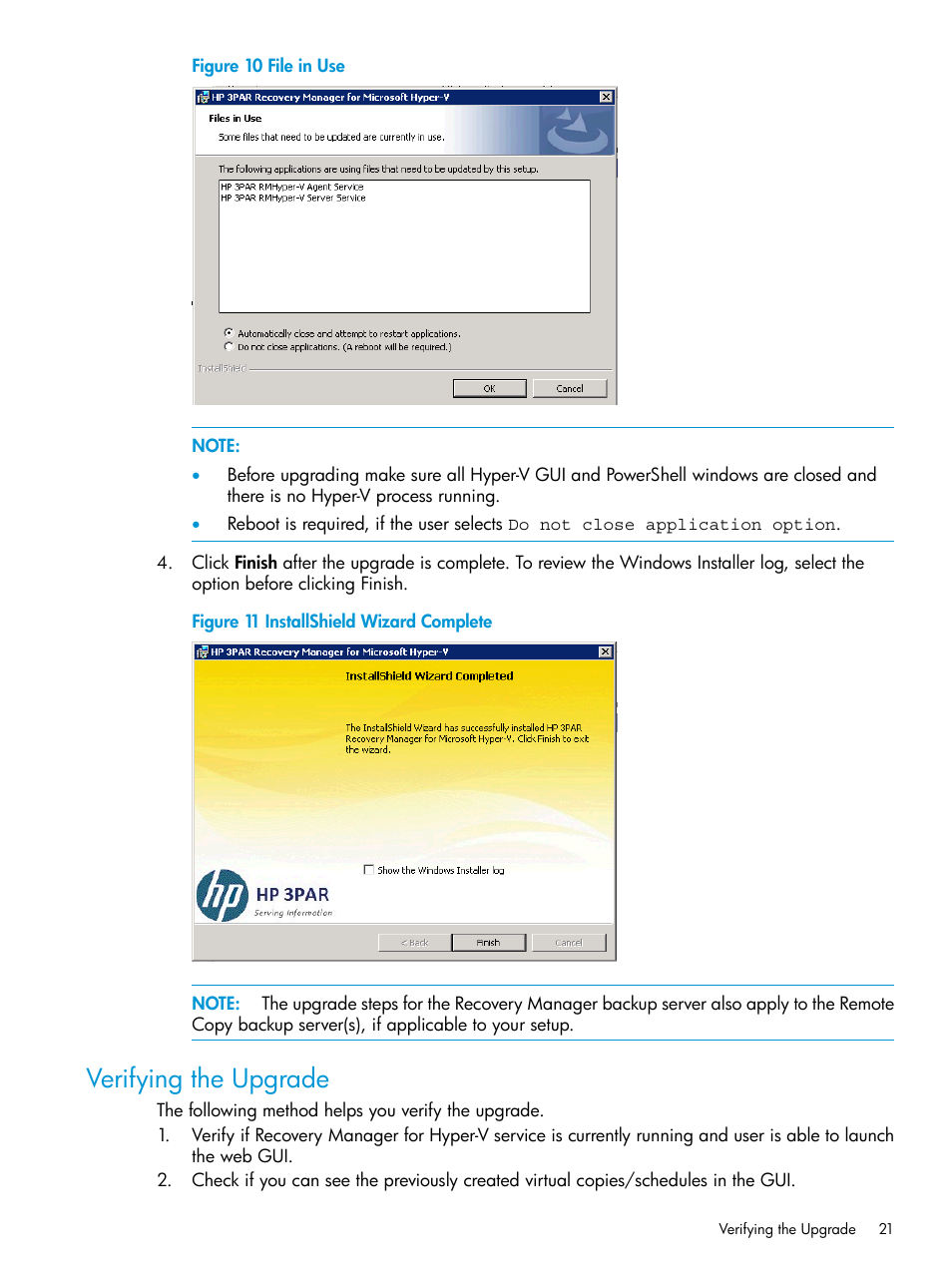 Verifying the upgrade | HP 3PAR Application Software Suite for Microsoft Hyper-V User Manual | Page 21 / 106