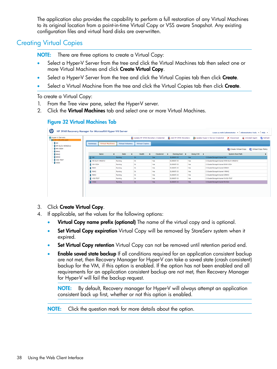 Creating virtual copies | HP 3PAR Application Software Suite for Microsoft Hyper-V User Manual | Page 38 / 106