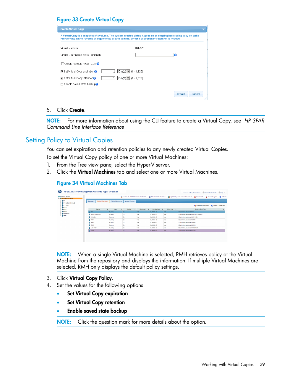 Setting policy to virtual copies | HP 3PAR Application Software Suite for Microsoft Hyper-V User Manual | Page 39 / 106