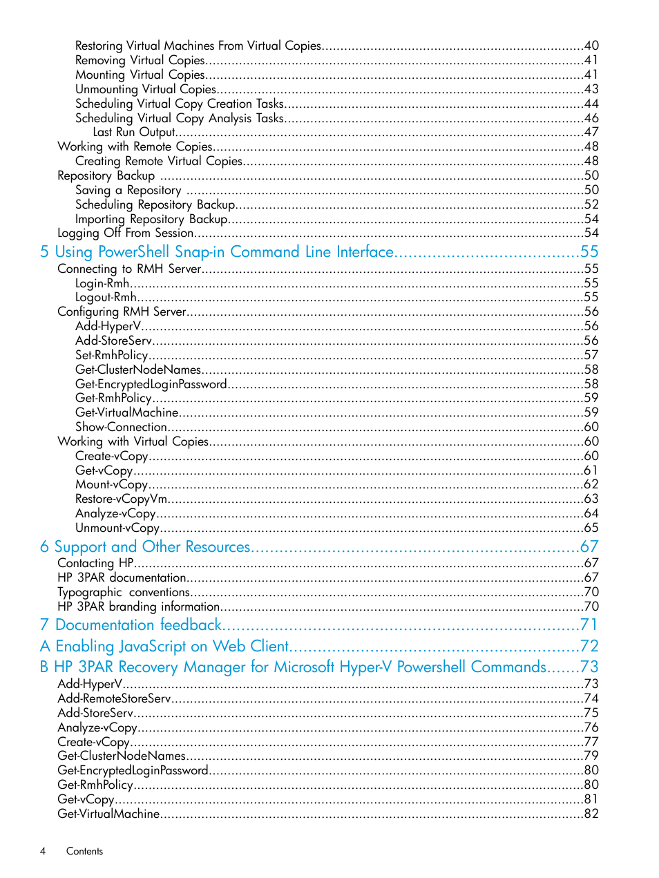 5 using powershell snap-in command line interface, 6 support and other resources | HP 3PAR Application Software Suite for Microsoft Hyper-V User Manual | Page 4 / 106