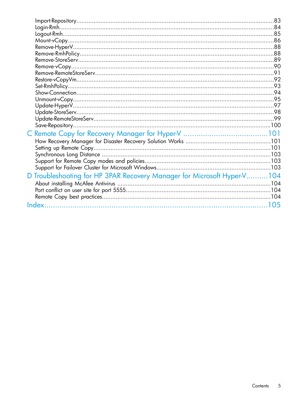 C remote copy for recovery manager for hyper-v, Index | HP 3PAR Application Software Suite for Microsoft Hyper-V User Manual | Page 5 / 106