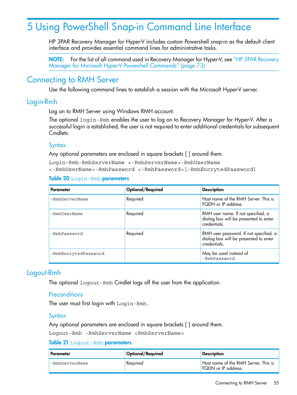 5 using powershell snap-in command line interface, Connecting to rmh server, Login-rmh | Logout-rmh, Login-rmh logout-rmh | HP 3PAR Application Software Suite for Microsoft Hyper-V User Manual | Page 55 / 106