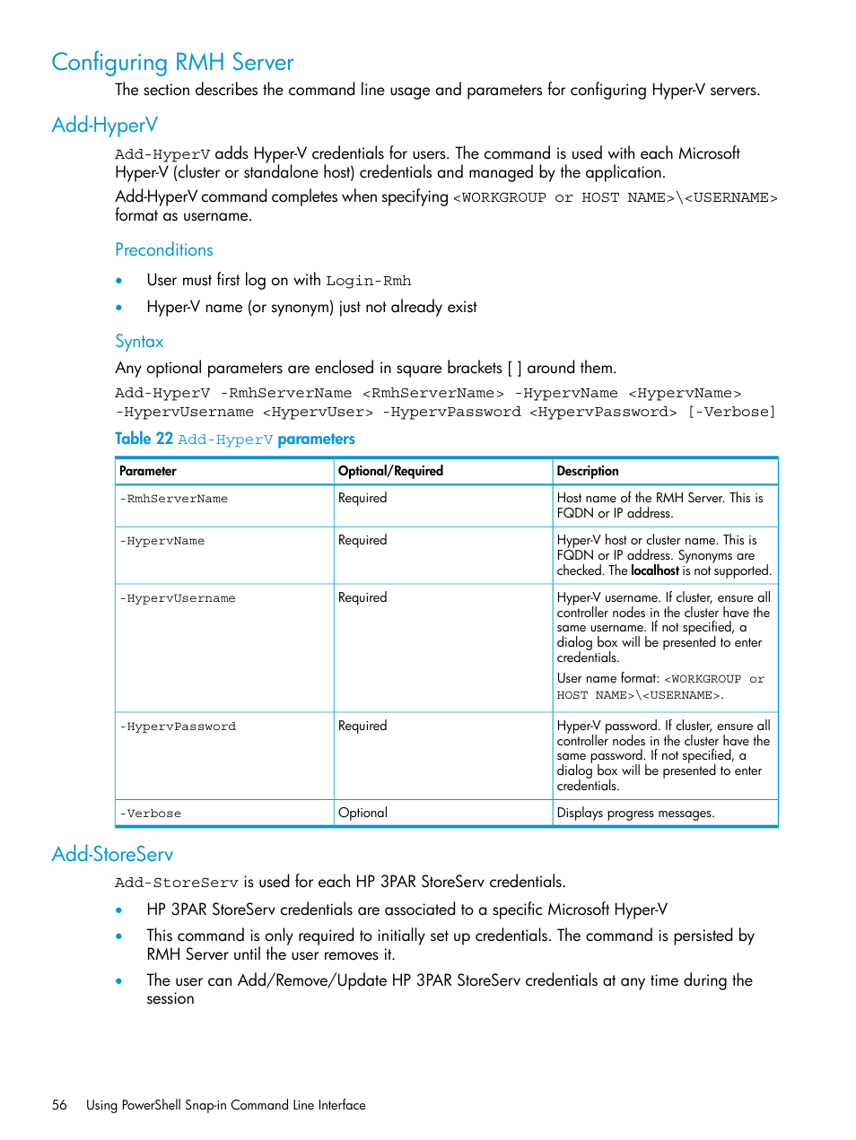 Configuring rmh server, Add-hyperv, Add-storeserv | Add-hyperv add-storeserv | HP 3PAR Application Software Suite for Microsoft Hyper-V User Manual | Page 56 / 106