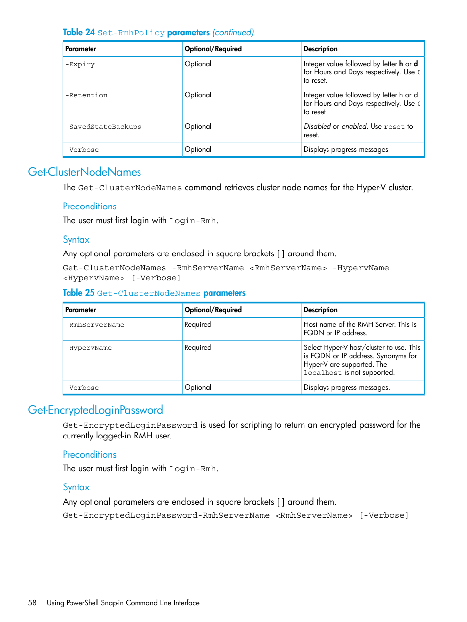 Get-clusternodenames, Get-encryptedloginpassword, Get-clusternodenames get-encryptedloginpassword | Preconditions, Syntax | HP 3PAR Application Software Suite for Microsoft Hyper-V User Manual | Page 58 / 106