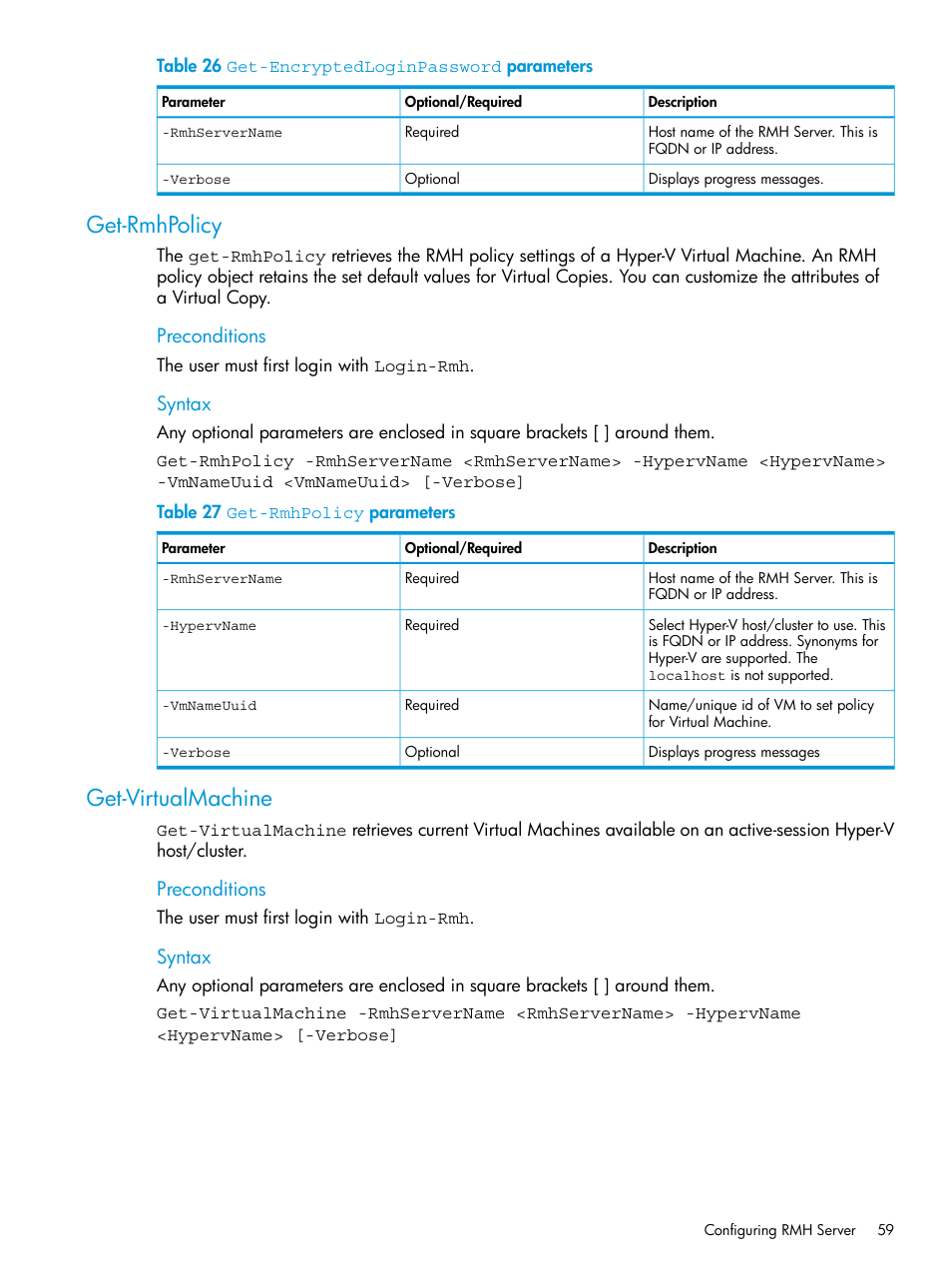 Get-rmhpolicy, Get-virtualmachine, Get-rmhpolicy get-virtualmachine | HP 3PAR Application Software Suite for Microsoft Hyper-V User Manual | Page 59 / 106