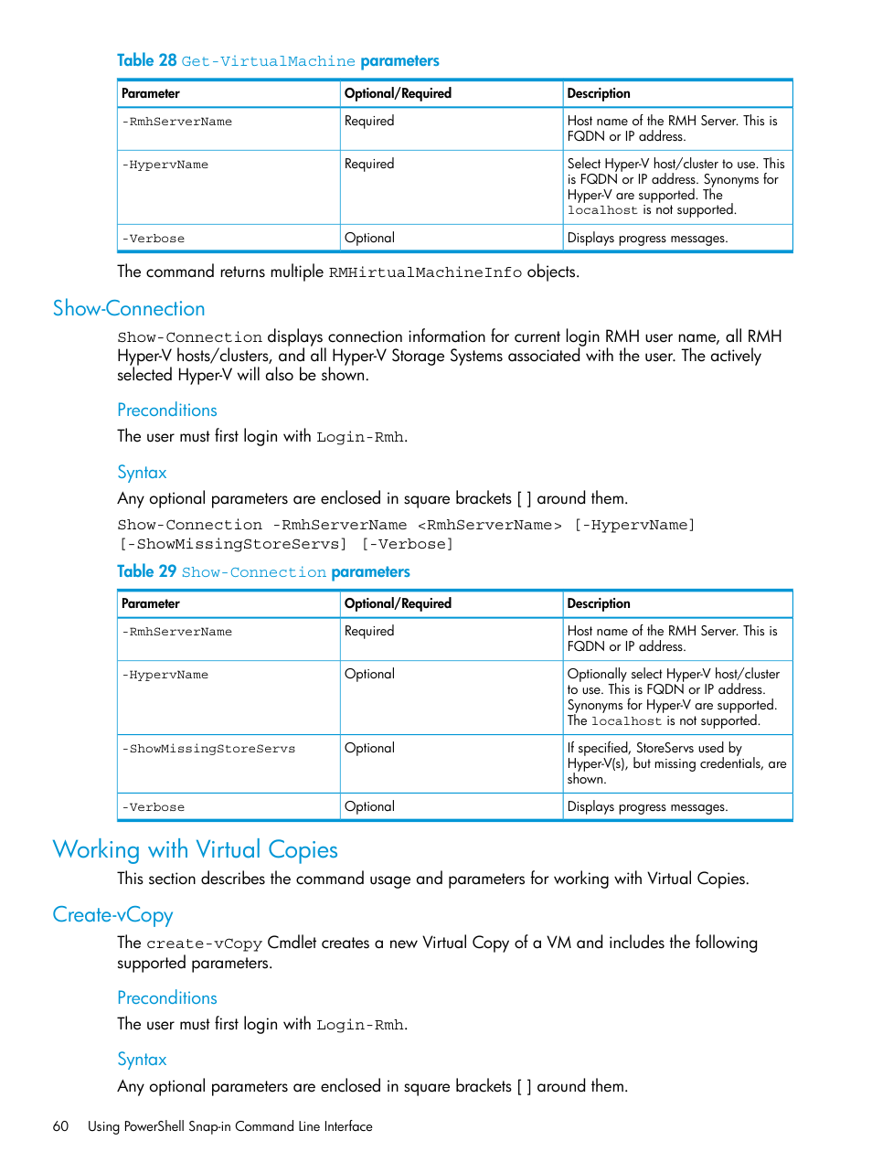 Show-connection, Working with virtual copies, Create-vcopy | HP 3PAR Application Software Suite for Microsoft Hyper-V User Manual | Page 60 / 106