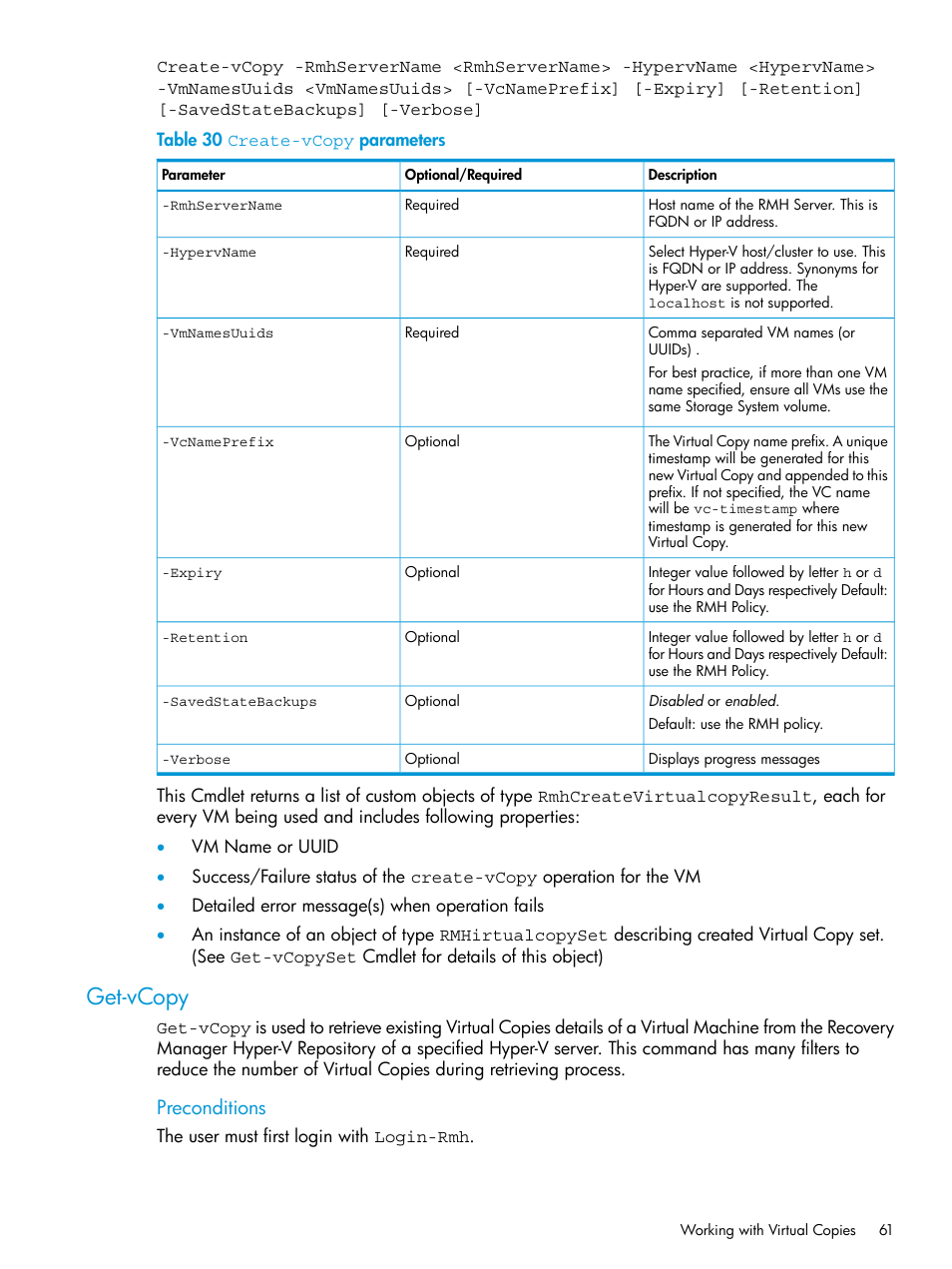 Get-vcopy, Preconditions | HP 3PAR Application Software Suite for Microsoft Hyper-V User Manual | Page 61 / 106