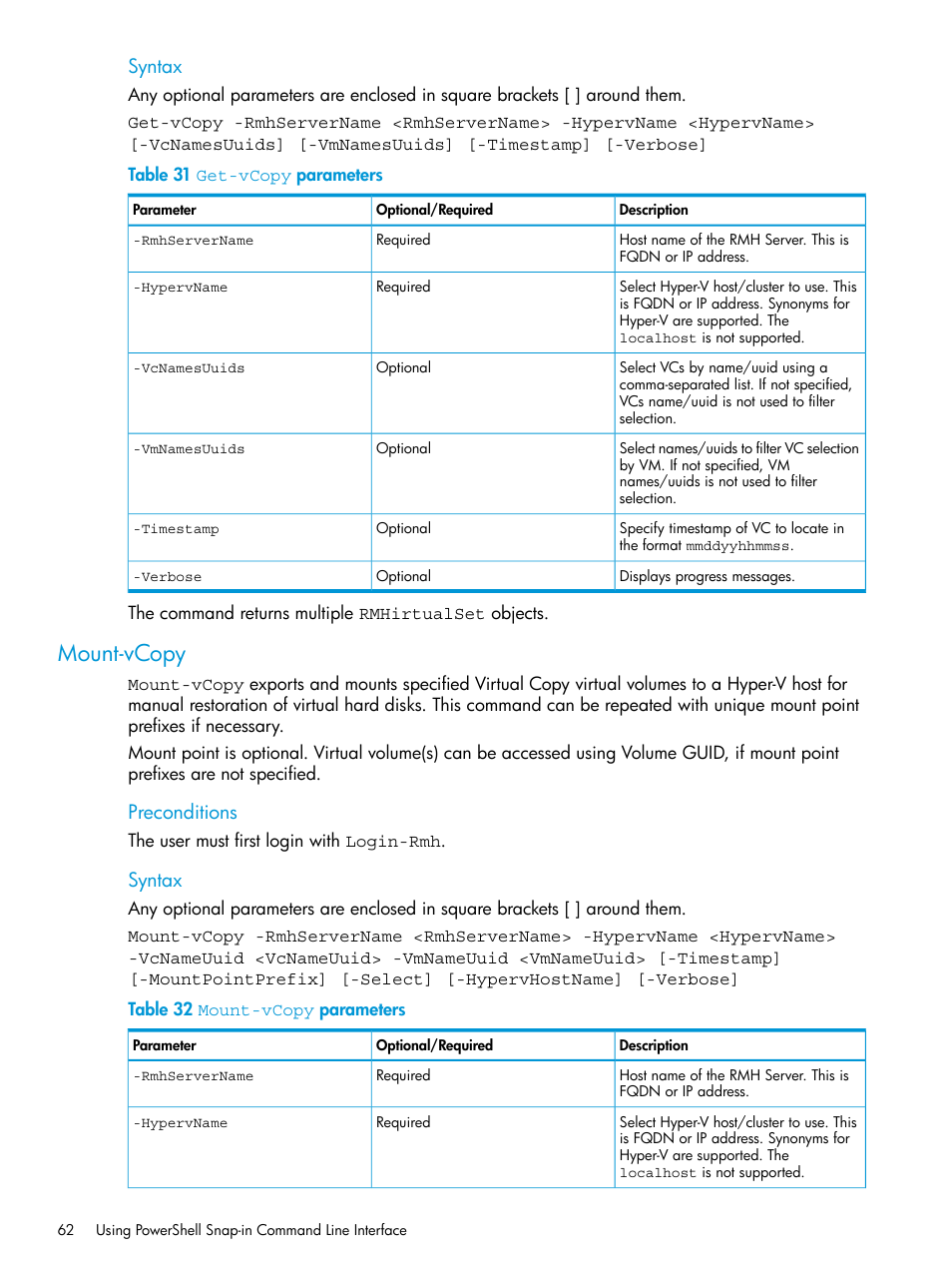 Mount-vcopy, Syntax, Preconditions | HP 3PAR Application Software Suite for Microsoft Hyper-V User Manual | Page 62 / 106