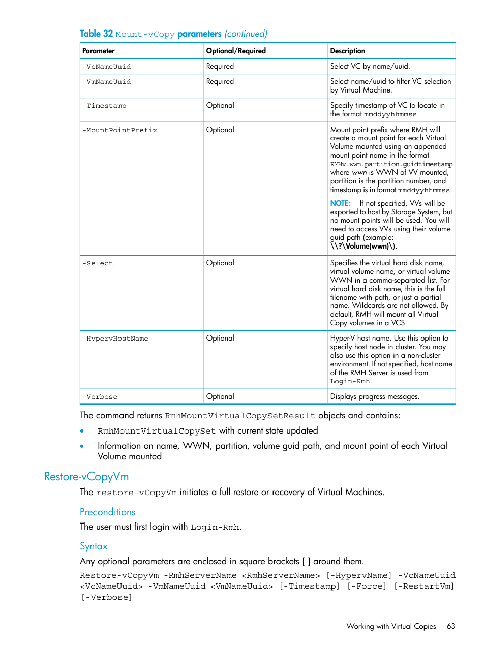 Restore-vcopyvm, Preconditions, Syntax | HP 3PAR Application Software Suite for Microsoft Hyper-V User Manual | Page 63 / 106
