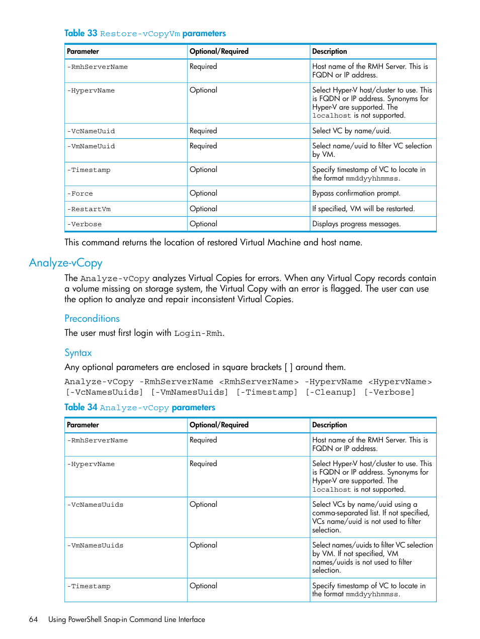 Analyze-vcopy, Preconditions, Syntax | HP 3PAR Application Software Suite for Microsoft Hyper-V User Manual | Page 64 / 106