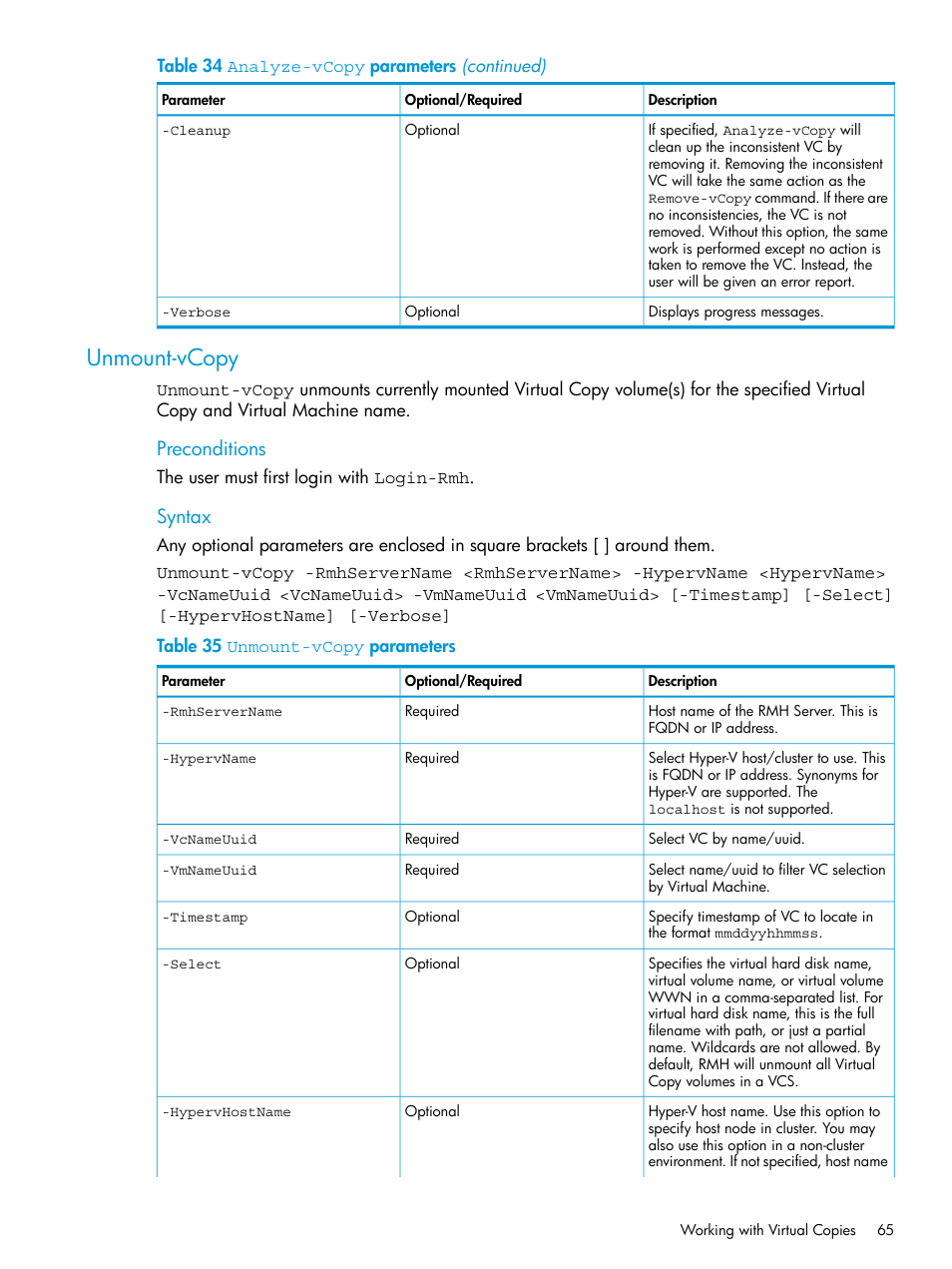 Unmount-vcopy, Preconditions, Syntax | HP 3PAR Application Software Suite for Microsoft Hyper-V User Manual | Page 65 / 106