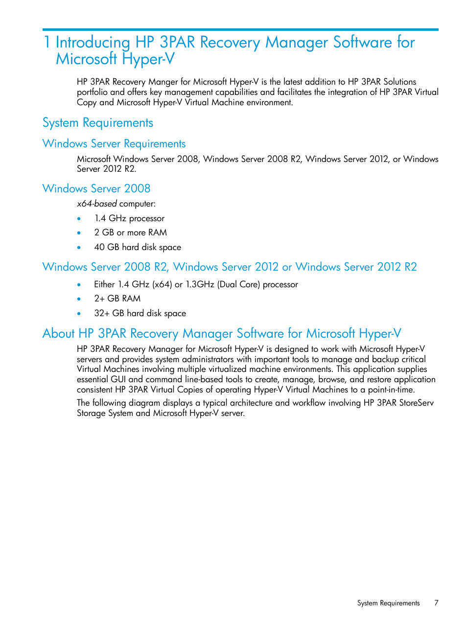 System requirements, Windows server requirements, Windows server 2008 | HP 3PAR Application Software Suite for Microsoft Hyper-V User Manual | Page 7 / 106