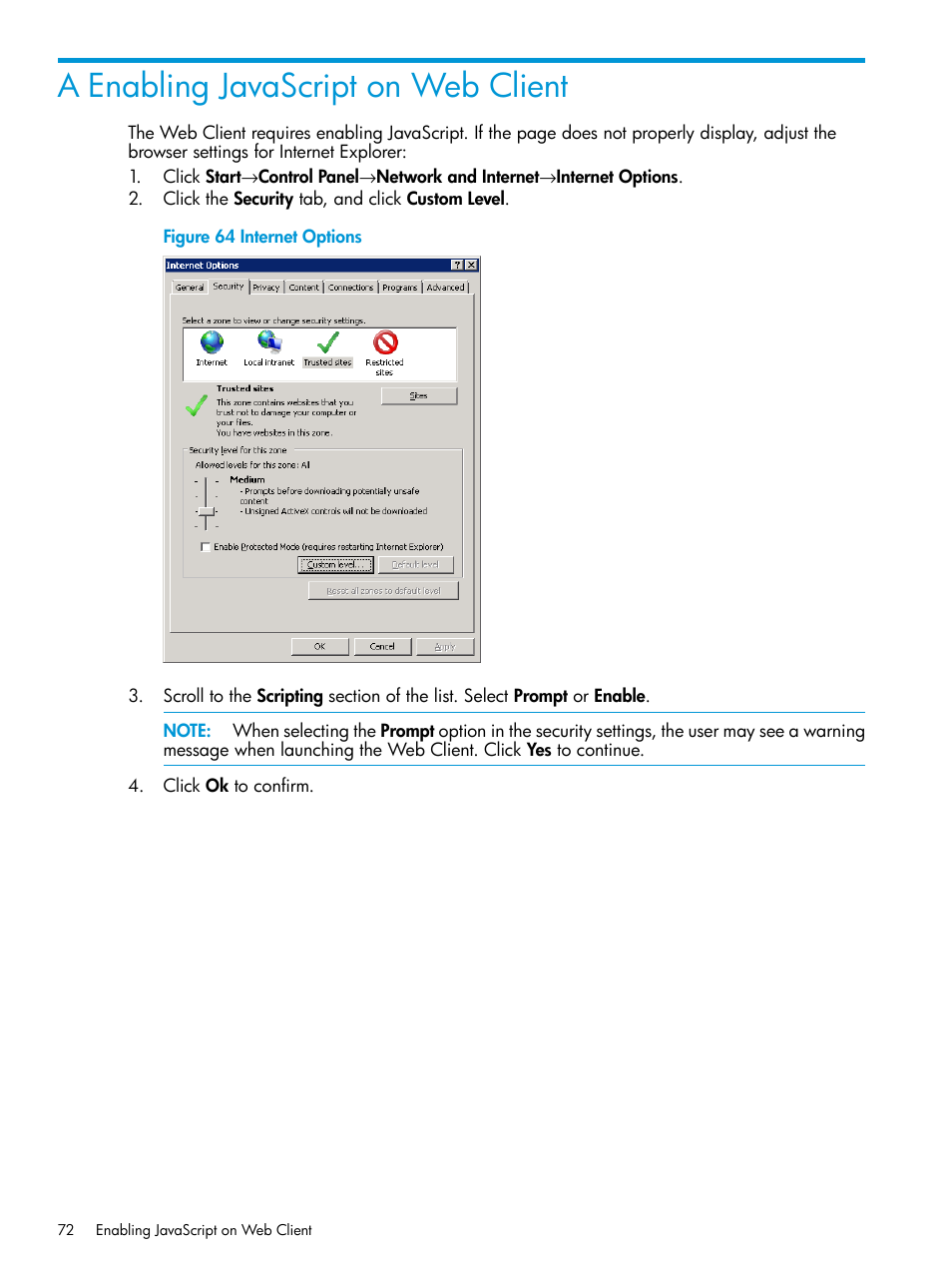 A enabling javascript on web client | HP 3PAR Application Software Suite for Microsoft Hyper-V User Manual | Page 72 / 106