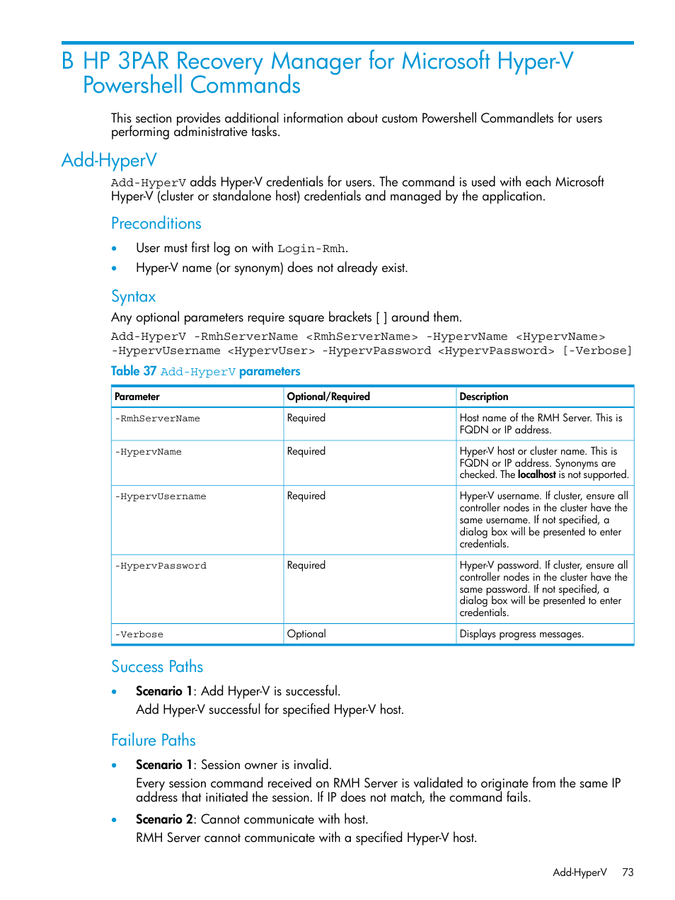 Add-hyperv, Preconditions, Syntax | Success paths, Failure paths | HP 3PAR Application Software Suite for Microsoft Hyper-V User Manual | Page 73 / 106