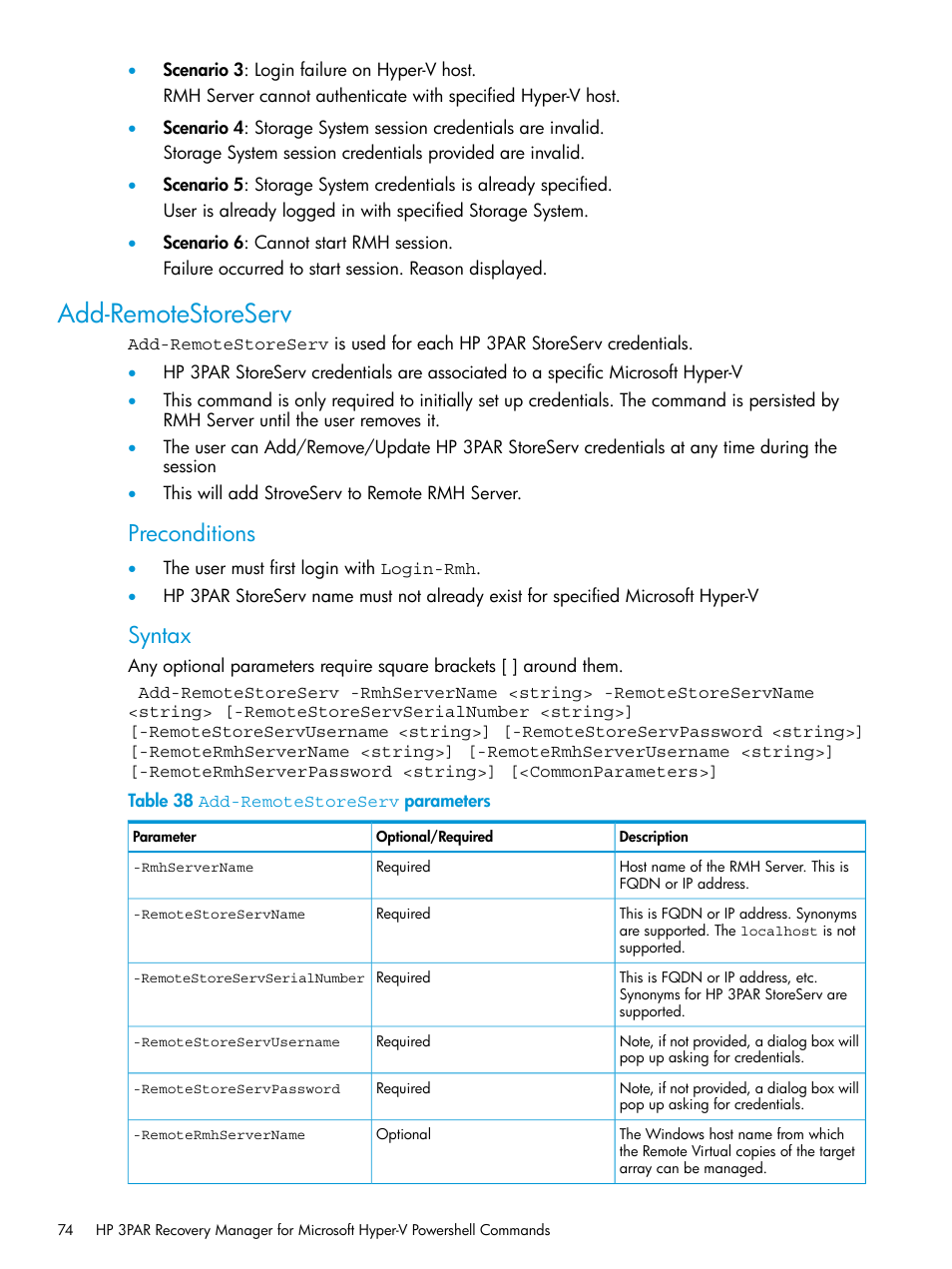 Add-remotestoreserv, Preconditions, Syntax | HP 3PAR Application Software Suite for Microsoft Hyper-V User Manual | Page 74 / 106