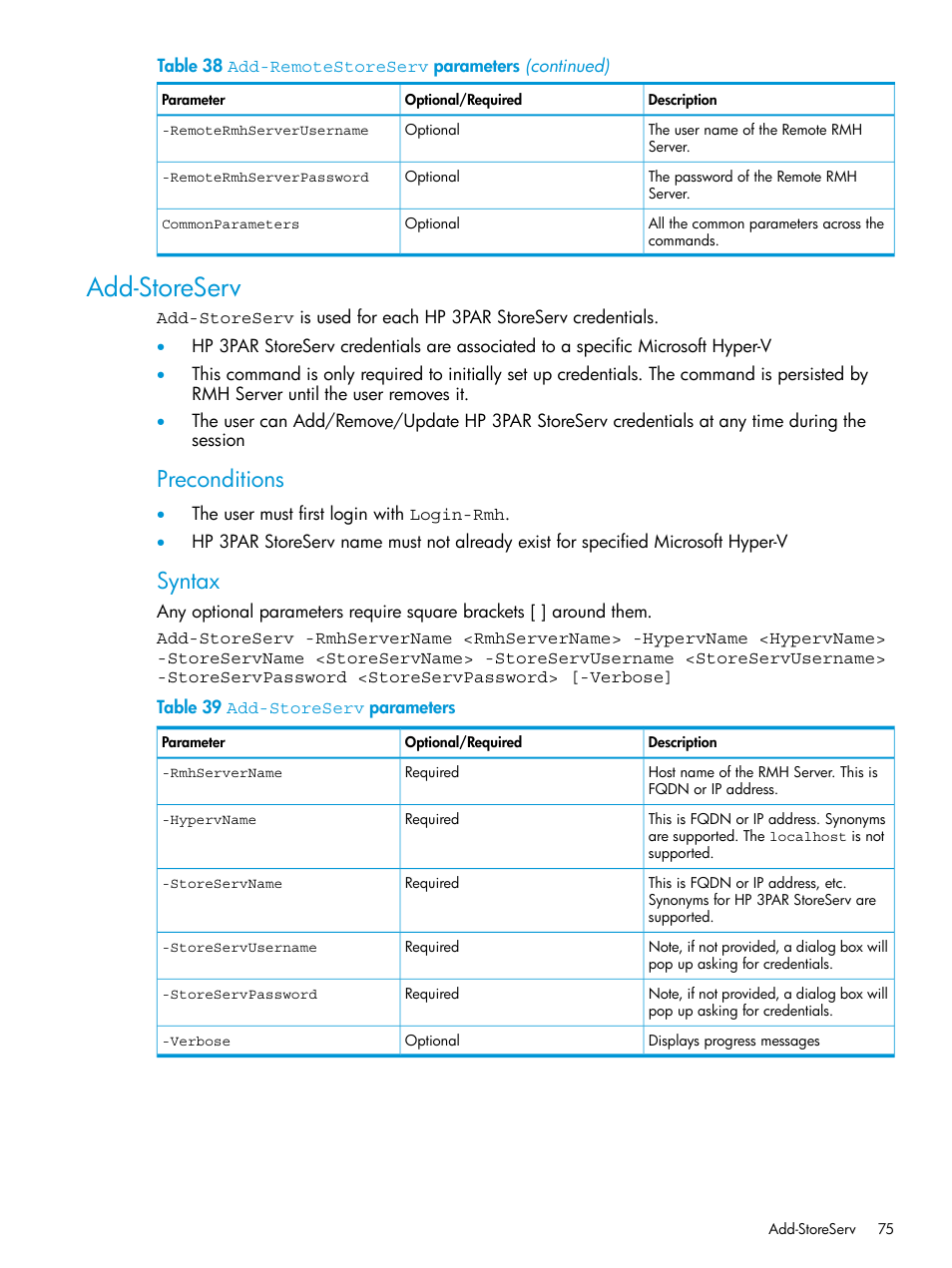 Add-storeserv, Preconditions, Syntax | HP 3PAR Application Software Suite for Microsoft Hyper-V User Manual | Page 75 / 106