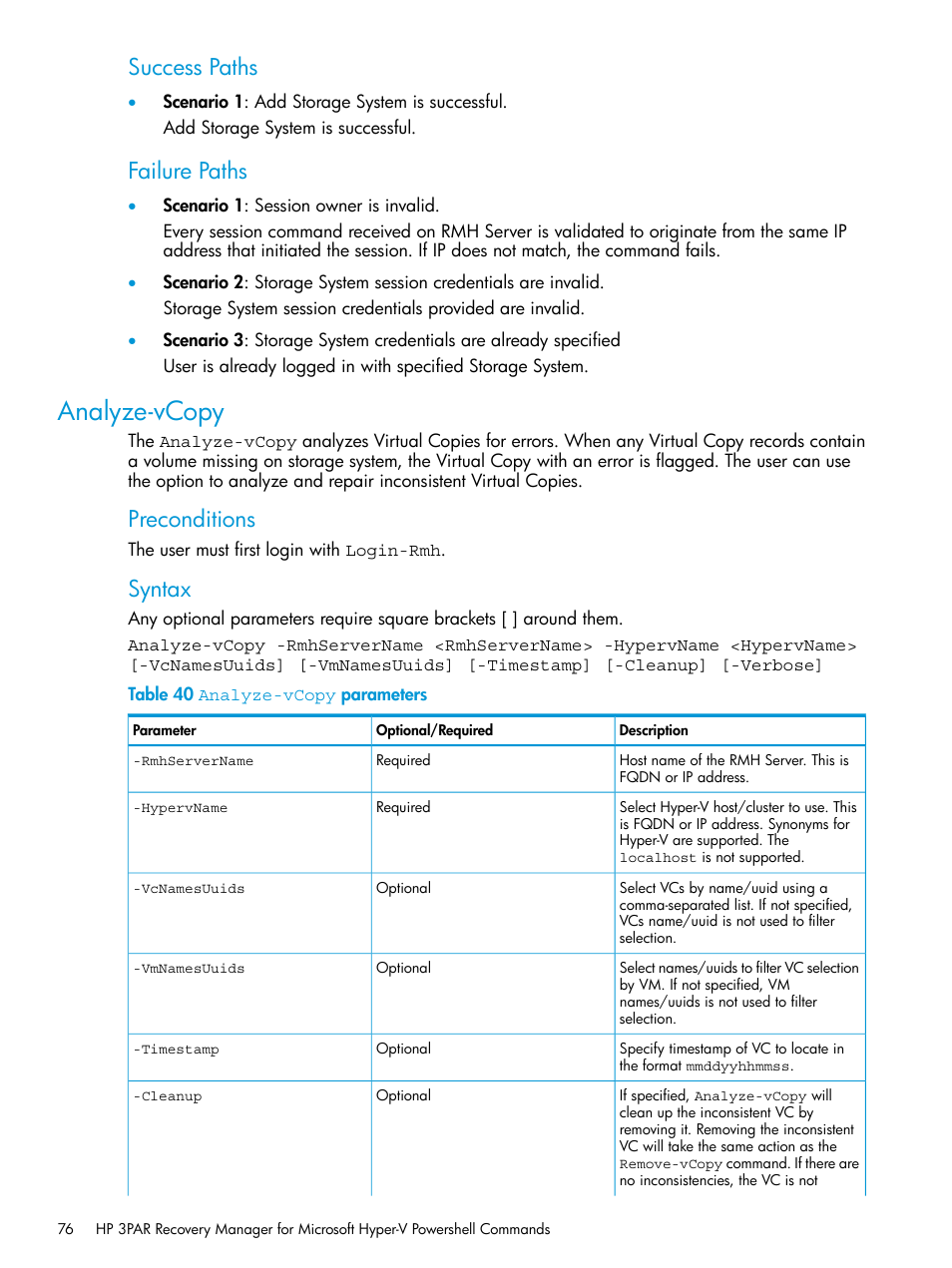 Analyze-vcopy, Success paths, Failure paths | Preconditions, Syntax | HP 3PAR Application Software Suite for Microsoft Hyper-V User Manual | Page 76 / 106