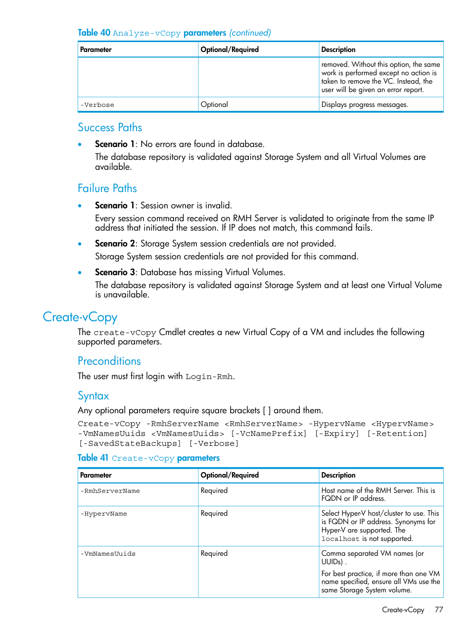 Create-vcopy, Success paths, Failure paths | Preconditions, Syntax | HP 3PAR Application Software Suite for Microsoft Hyper-V User Manual | Page 77 / 106