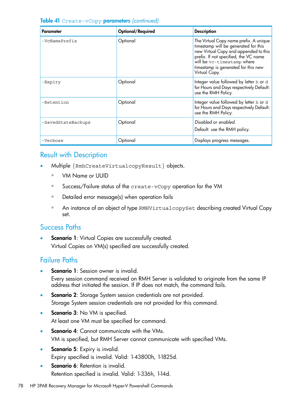 Result with description, Success paths, Failure paths | HP 3PAR Application Software Suite for Microsoft Hyper-V User Manual | Page 78 / 106