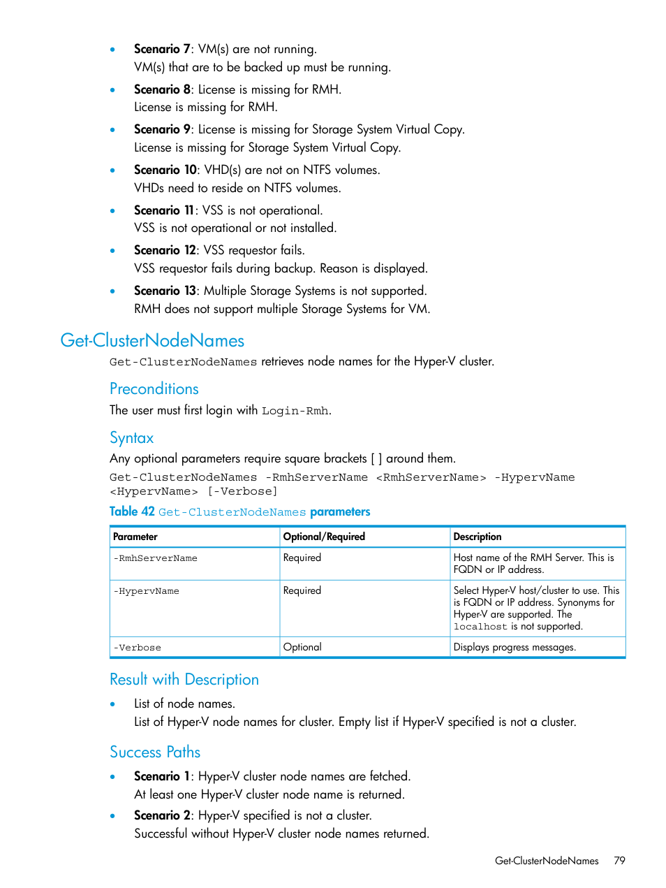 Get-clusternodenames, Preconditions, Syntax | Result with description, Success paths | HP 3PAR Application Software Suite for Microsoft Hyper-V User Manual | Page 79 / 106