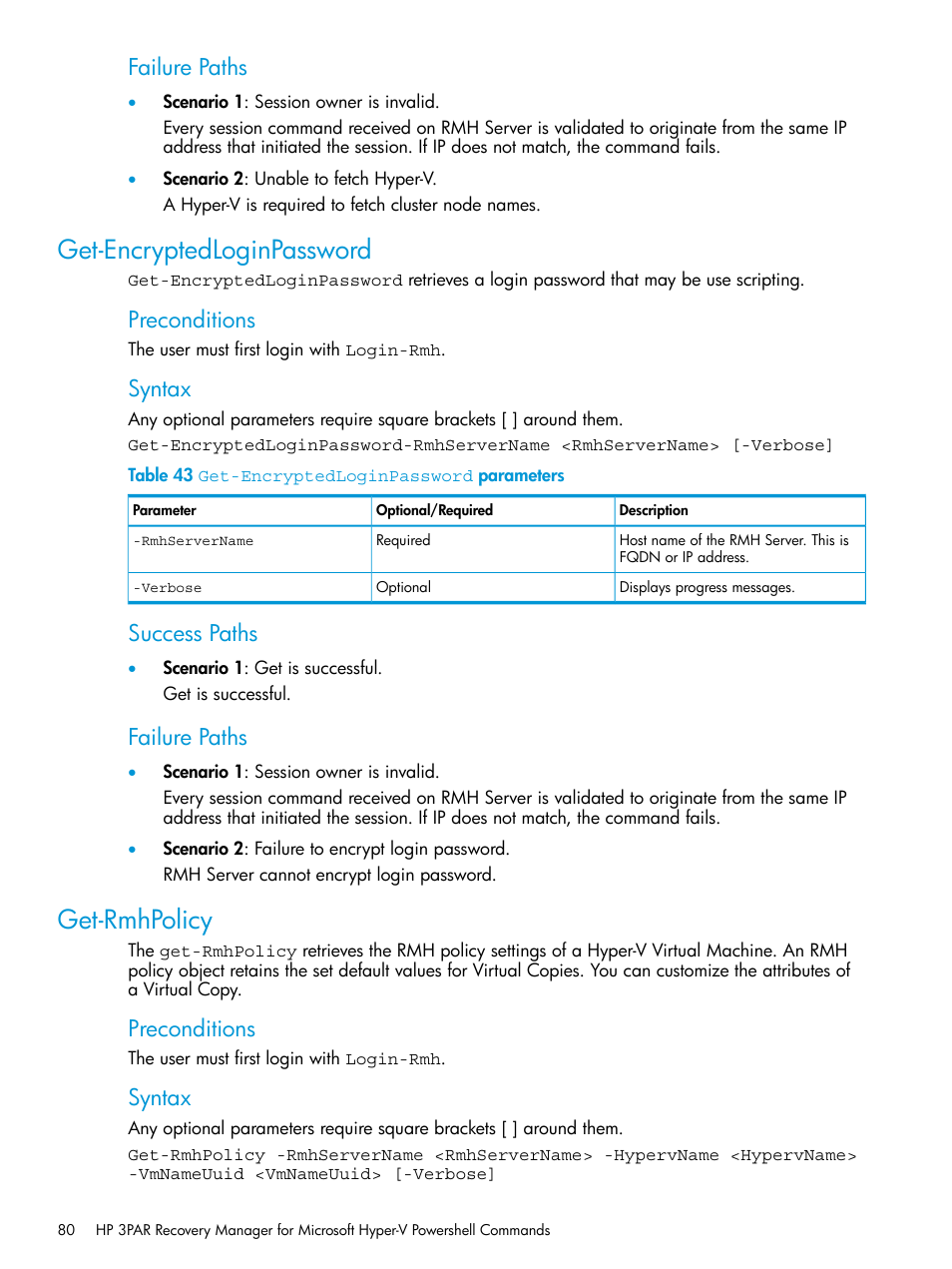 Get-encryptedloginpassword, Get-rmhpolicy, Get-encryptedloginpassword get-rmhpolicy | Failure paths, Preconditions, Syntax, Success paths | HP 3PAR Application Software Suite for Microsoft Hyper-V User Manual | Page 80 / 106