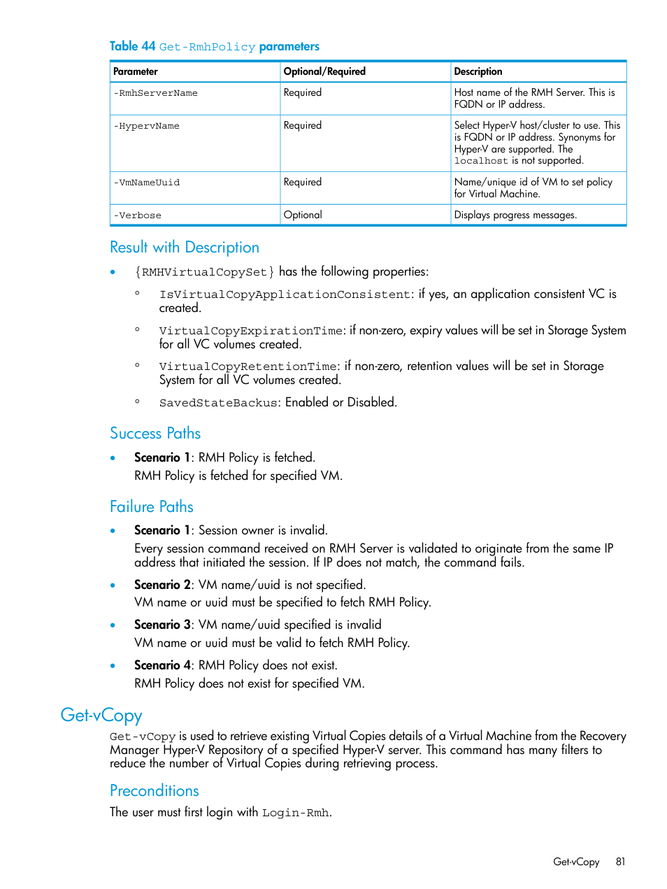 Get-vcopy, Result with description, Success paths | Failure paths, Preconditions | HP 3PAR Application Software Suite for Microsoft Hyper-V User Manual | Page 81 / 106