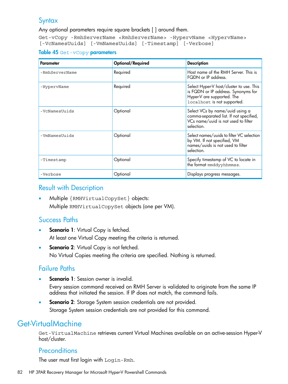 Get-virtualmachine, Syntax, Result with description | Success paths, Failure paths, Preconditions | HP 3PAR Application Software Suite for Microsoft Hyper-V User Manual | Page 82 / 106