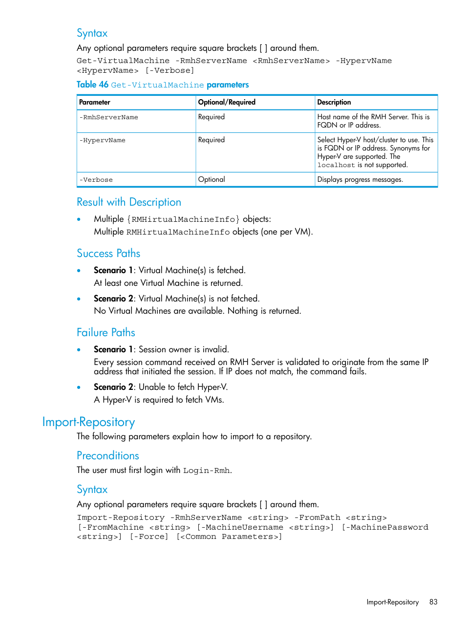 Import-repository, Syntax, Result with description | Success paths, Failure paths, Preconditions | HP 3PAR Application Software Suite for Microsoft Hyper-V User Manual | Page 83 / 106