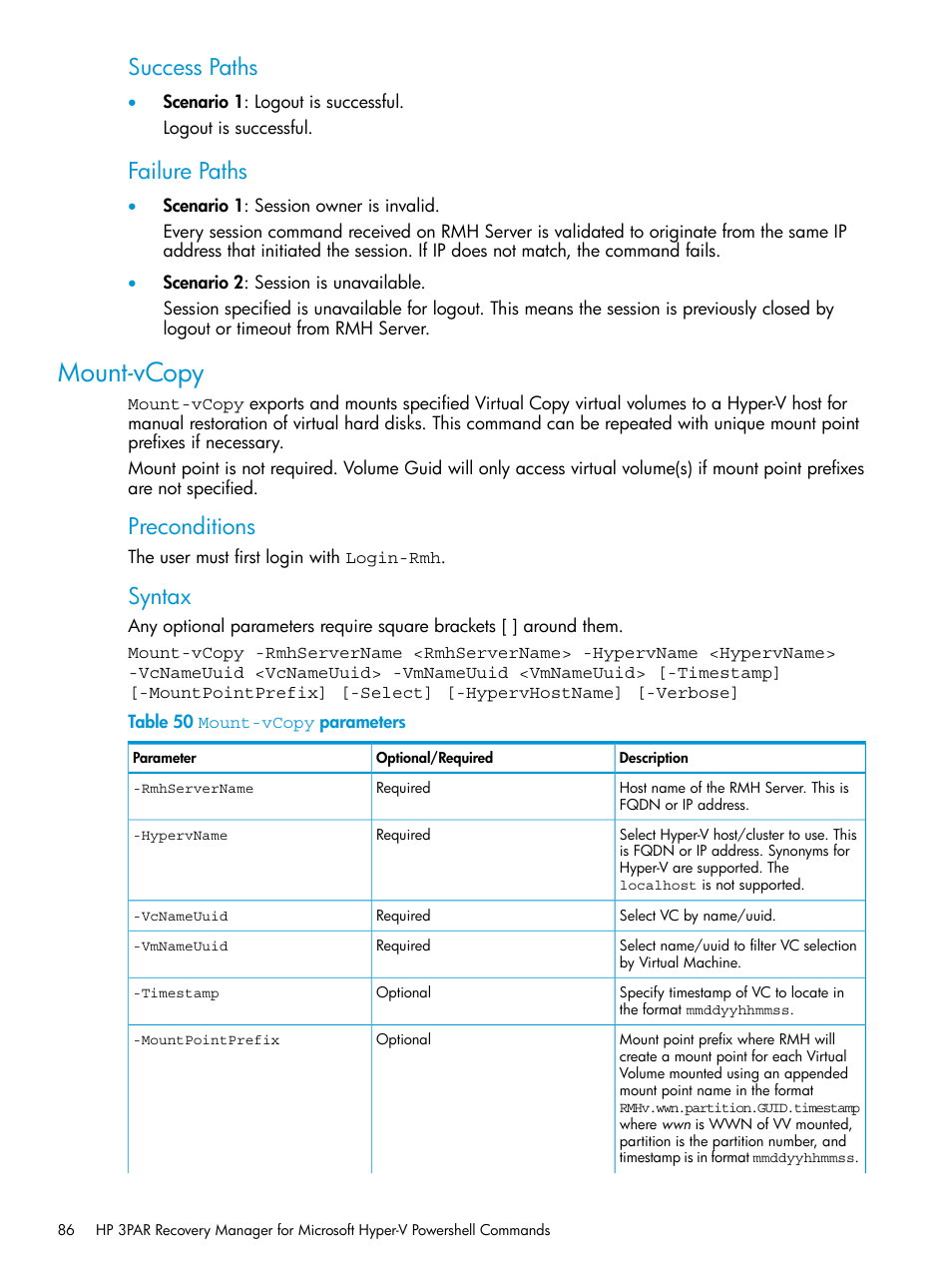 Mount-vcopy, Success paths, Failure paths | Preconditions, Syntax | HP 3PAR Application Software Suite for Microsoft Hyper-V User Manual | Page 86 / 106