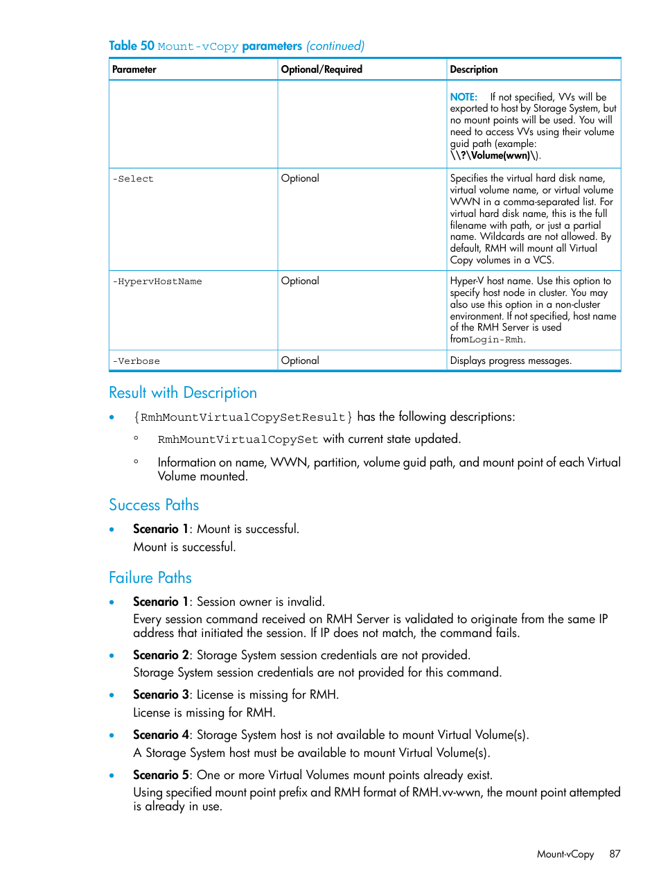 Result with description, Success paths, Failure paths | HP 3PAR Application Software Suite for Microsoft Hyper-V User Manual | Page 87 / 106