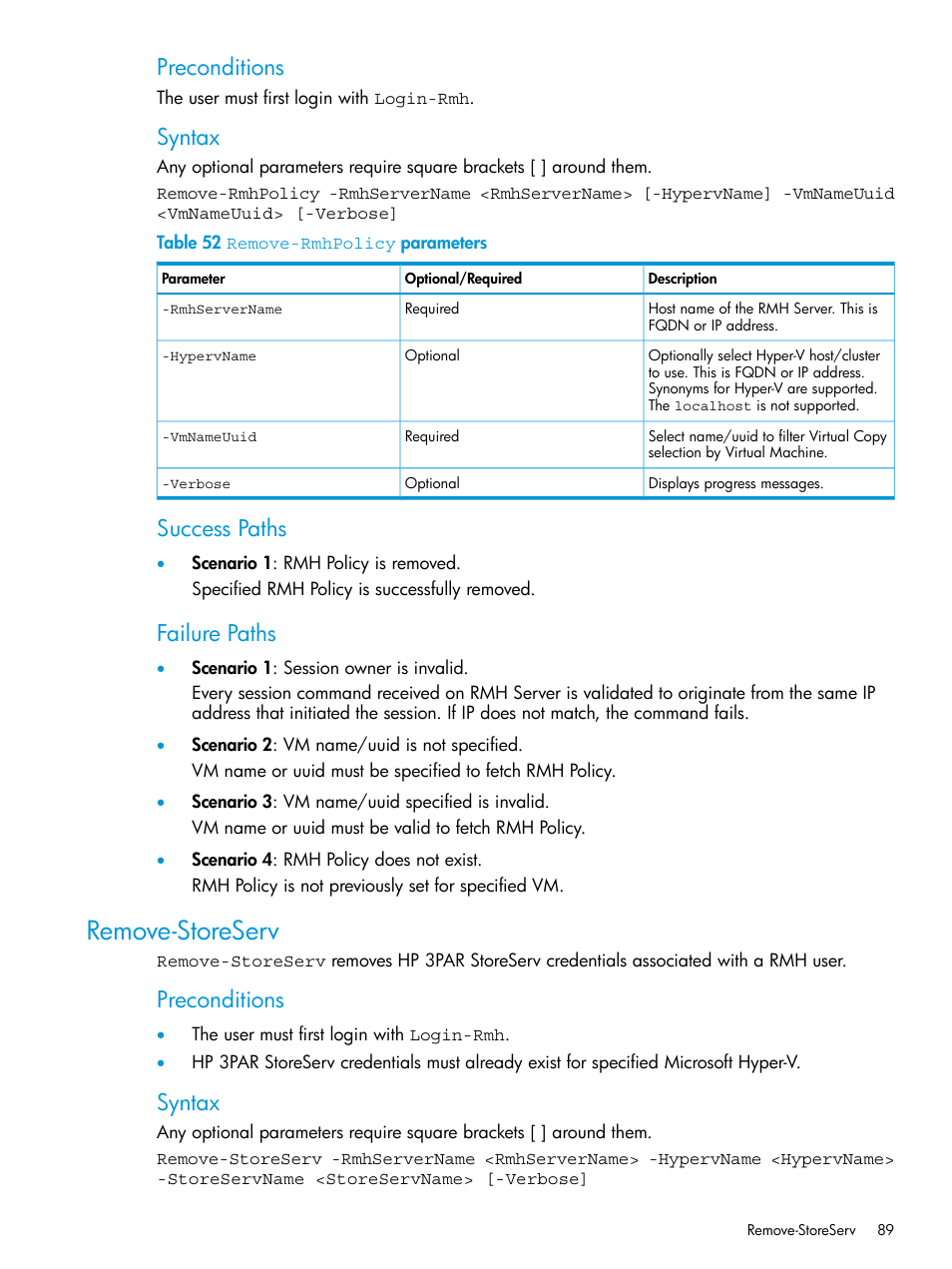 Remove-storeserv, Preconditions, Syntax | Success paths, Failure paths | HP 3PAR Application Software Suite for Microsoft Hyper-V User Manual | Page 89 / 106