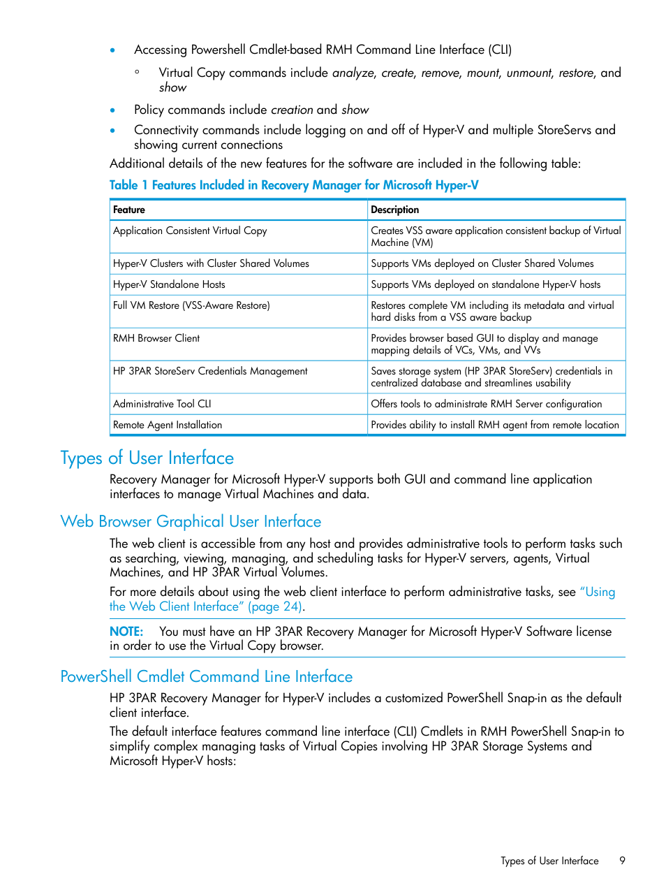 Types of user interface, Web browser graphical user interface, Powershell cmdlet command line interface | HP 3PAR Application Software Suite for Microsoft Hyper-V User Manual | Page 9 / 106