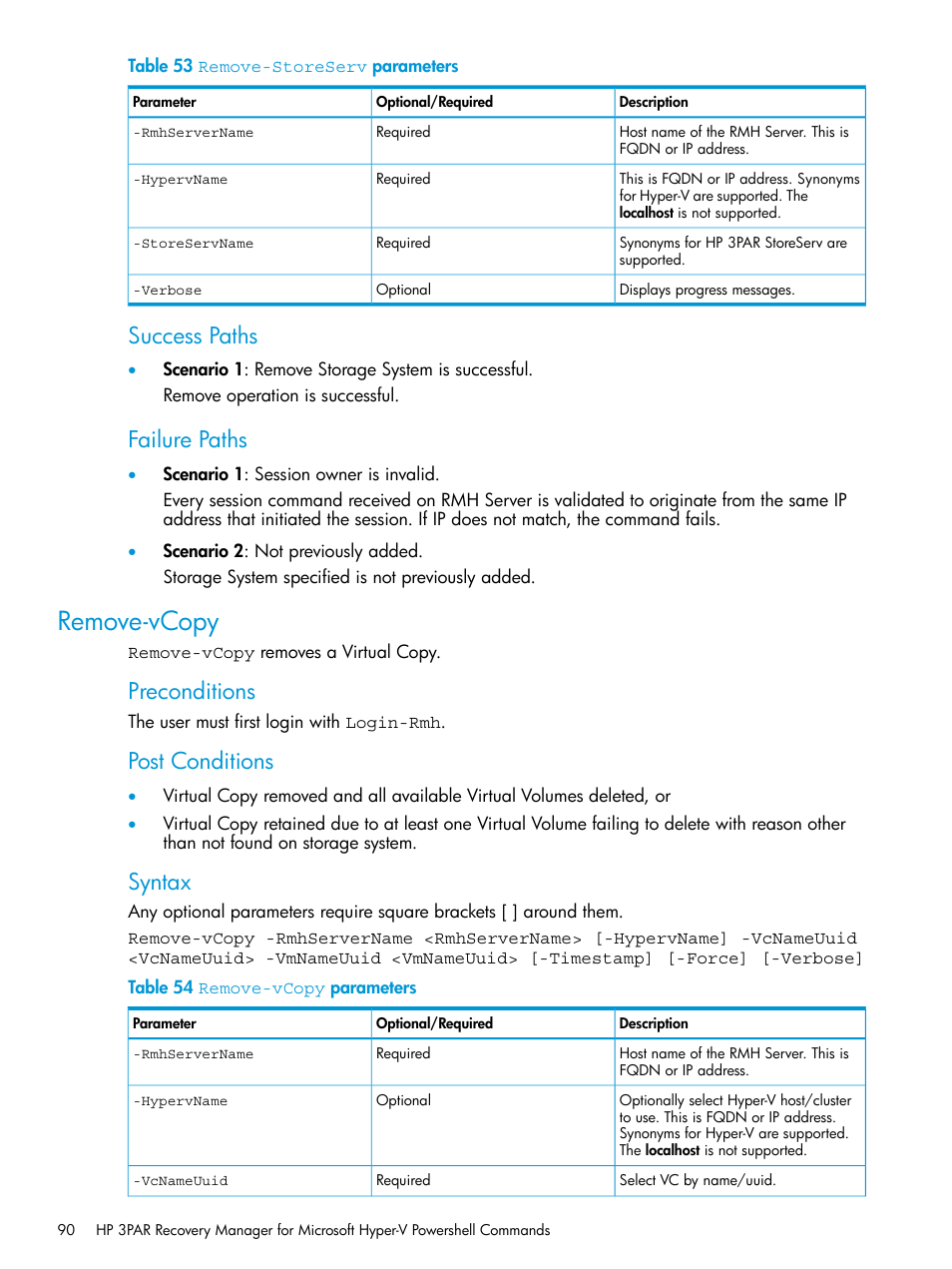 Remove-vcopy, Success paths, Failure paths | Preconditions, Post conditions, Syntax | HP 3PAR Application Software Suite for Microsoft Hyper-V User Manual | Page 90 / 106