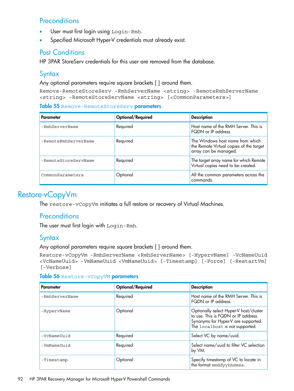 Restore-vcopyvm, Preconditions, Post conditions | Syntax | HP 3PAR Application Software Suite for Microsoft Hyper-V User Manual | Page 92 / 106