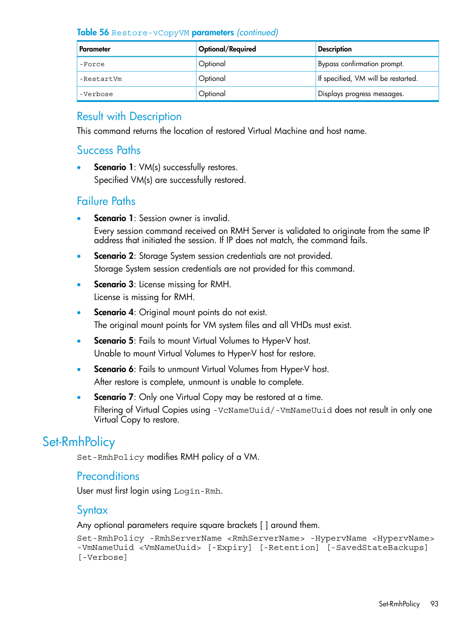 Set-rmhpolicy, Result with description, Success paths | Failure paths, Preconditions, Syntax | HP 3PAR Application Software Suite for Microsoft Hyper-V User Manual | Page 93 / 106