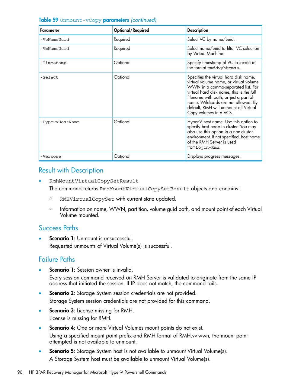 Result with description, Success paths, Failure paths | HP 3PAR Application Software Suite for Microsoft Hyper-V User Manual | Page 96 / 106